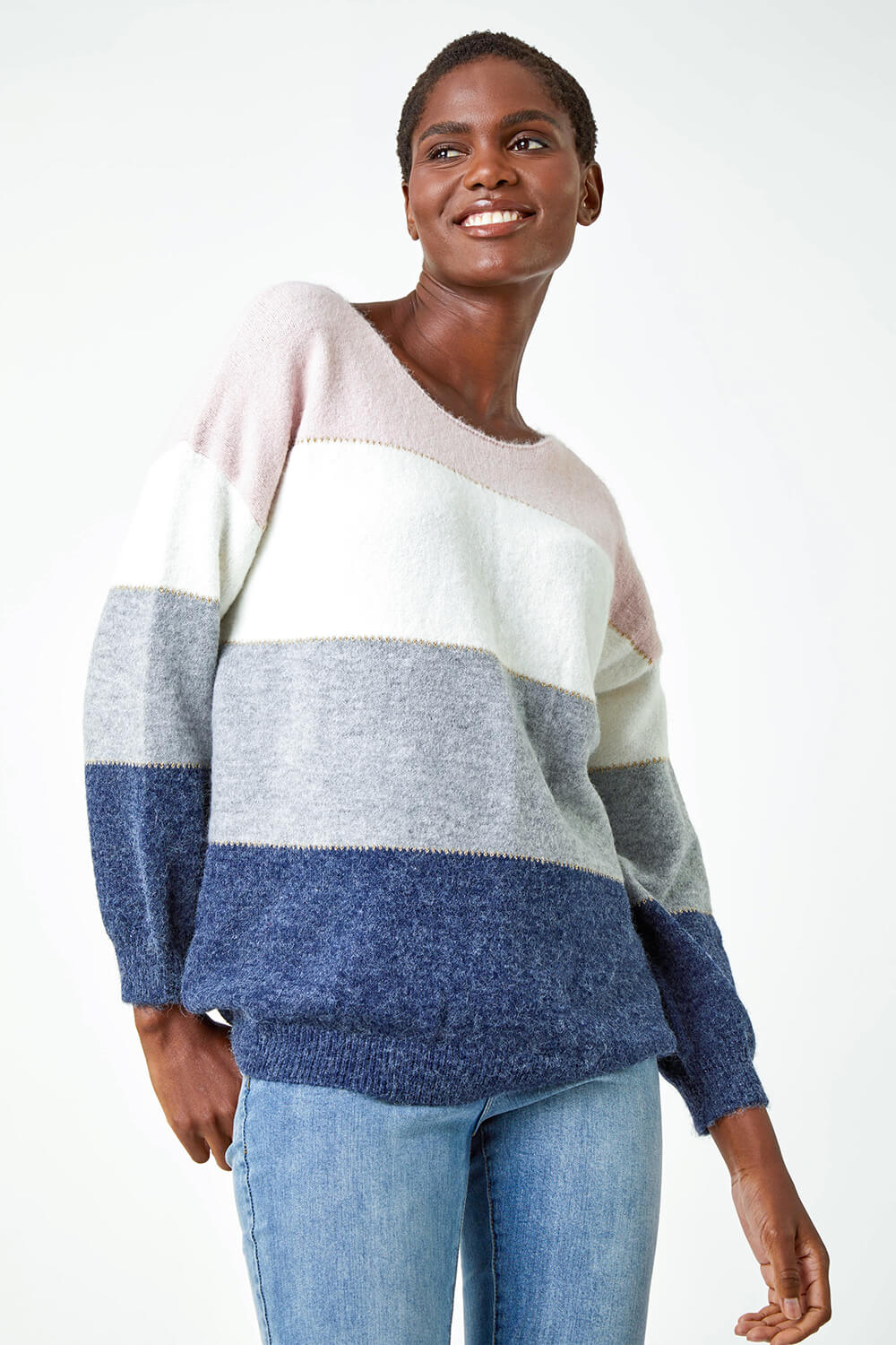 Light Pink Relaxed Colour Block Stripe Jumper, Image 4 of 5