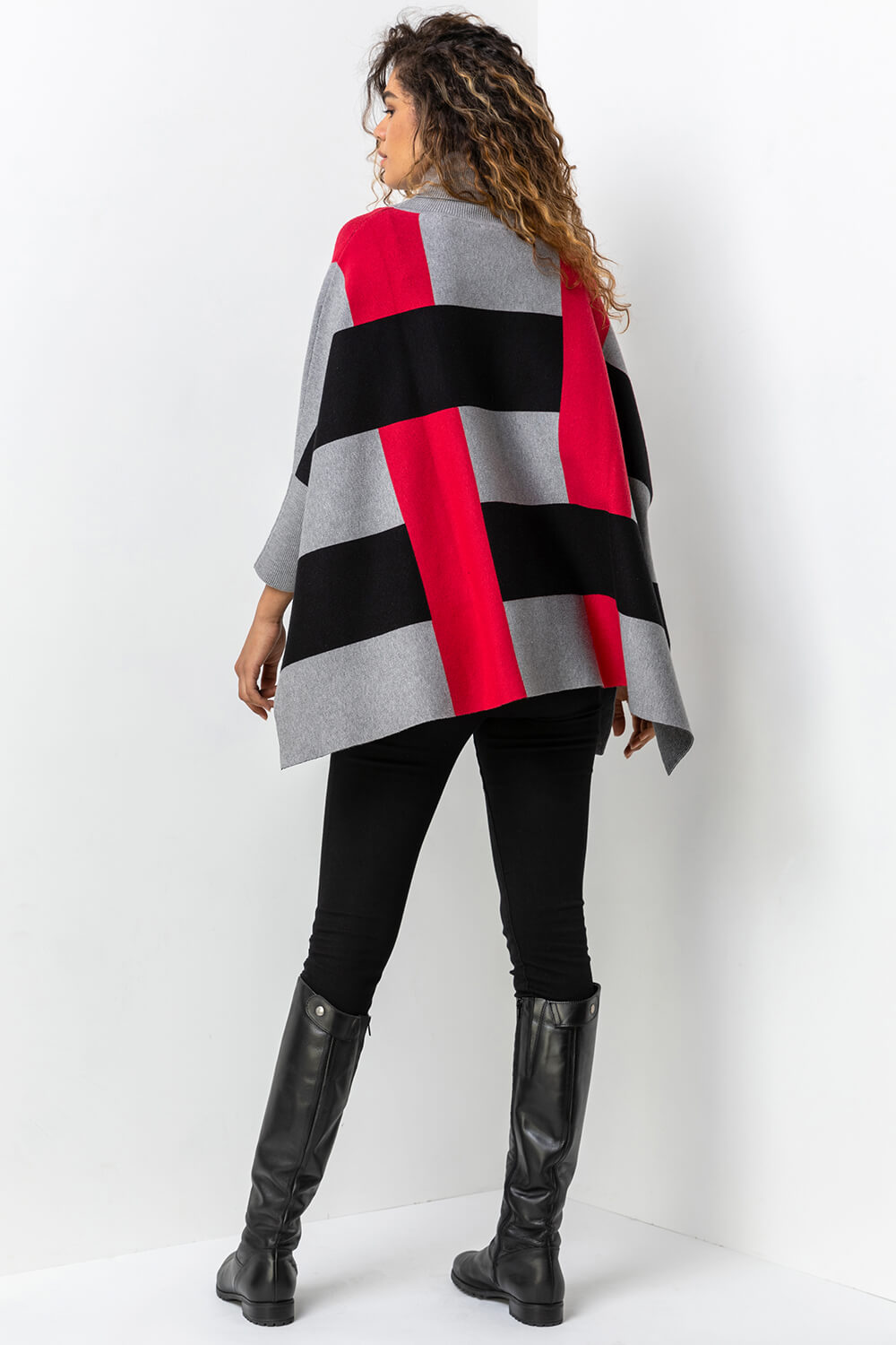 Red One Size Colourblock High Neck Poncho, Image 2 of 5