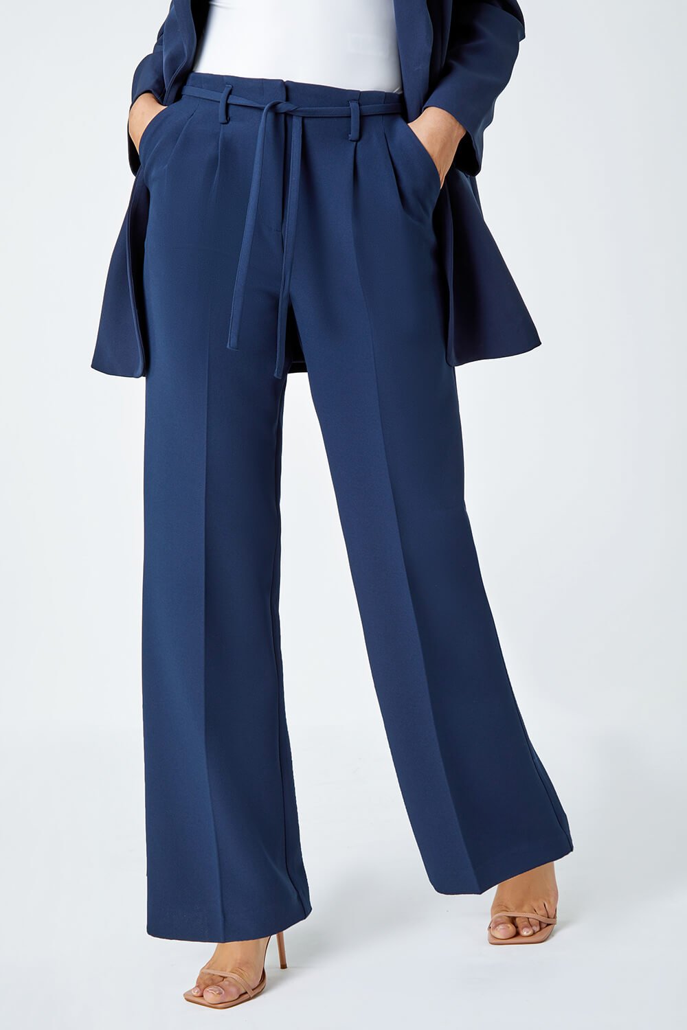 Navy  Crepe Stretch Straight Leg Trousers, Image 4 of 6
