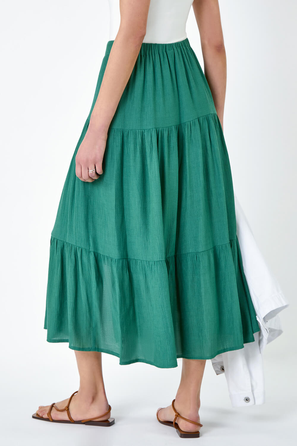 Green Textured Button Tiered Midi Skirt, Image 3 of 5