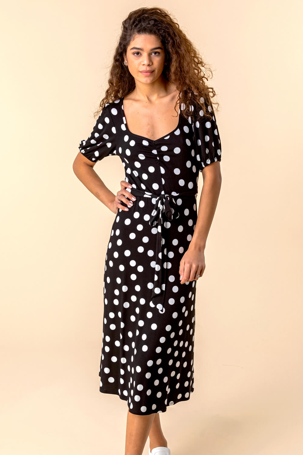 Black Ruched Neck Spot Print Midi Dress, Image 3 of 4