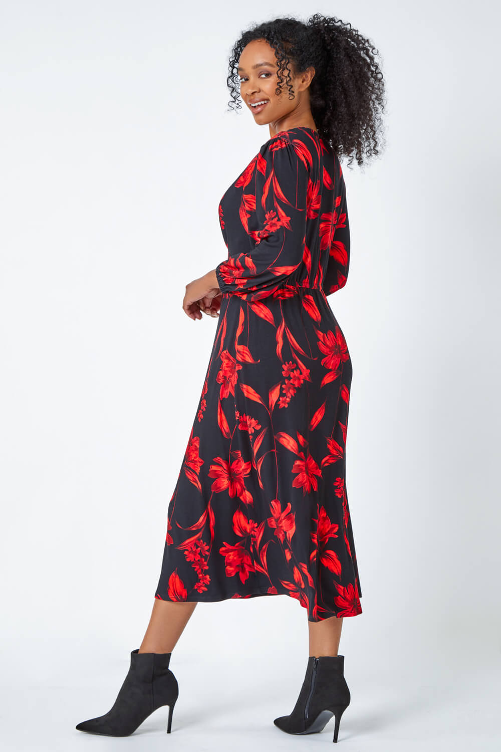 Red Petite Floral Stretch Midi Dress, Image 3 of 5