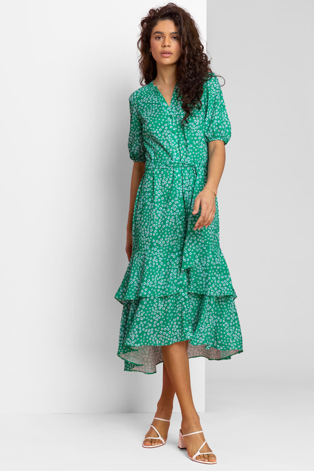 Green Ditsy Floral Frill Hem Midi Dress, Image 3 of 5
