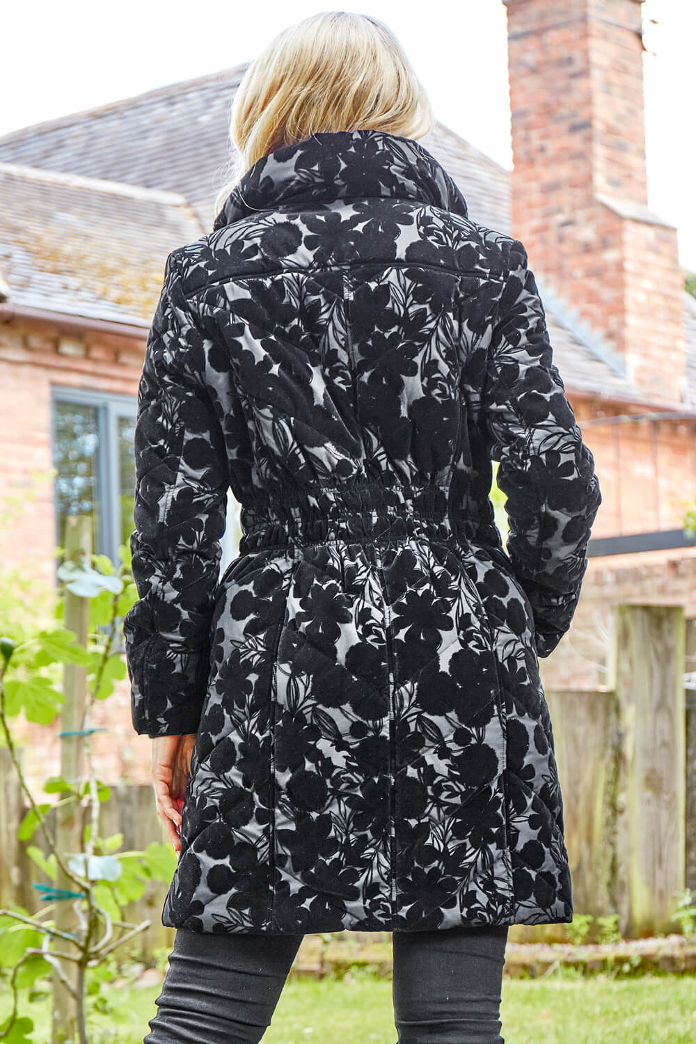 Black Floral Flock Detail Padded Coat, Image 2 of 4