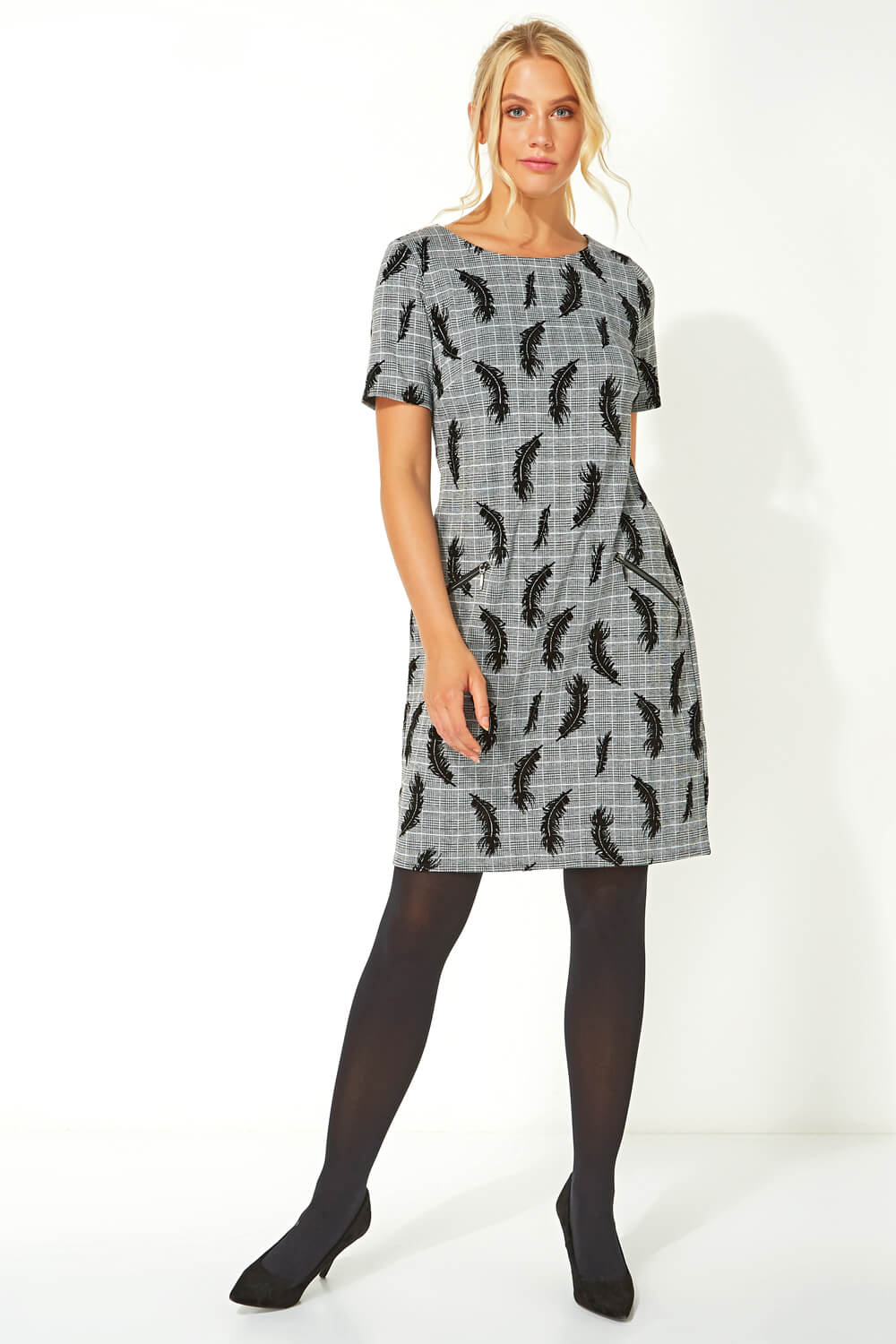 Grey Feather Checked Smart Shift Dress, Image 2 of 5