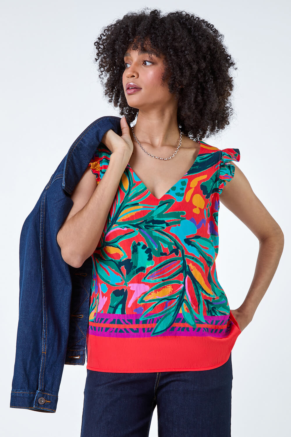Tropical Print Frill Sleeve Vest Top