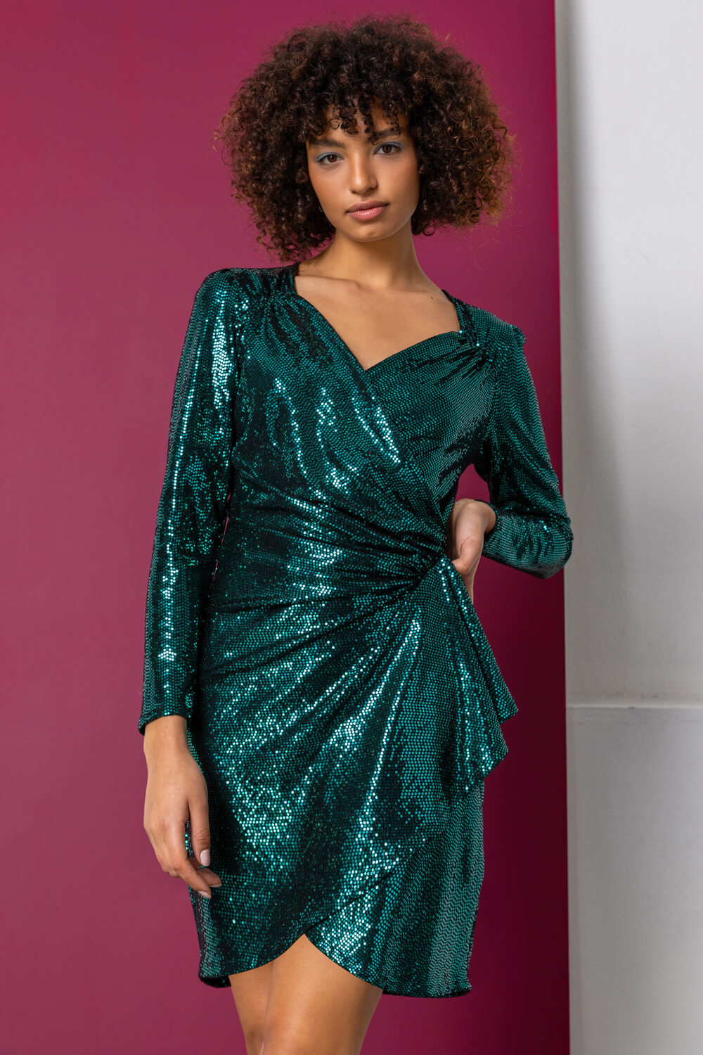Sparkle Embellished Wrap Dress in Green - Roman Originals UK