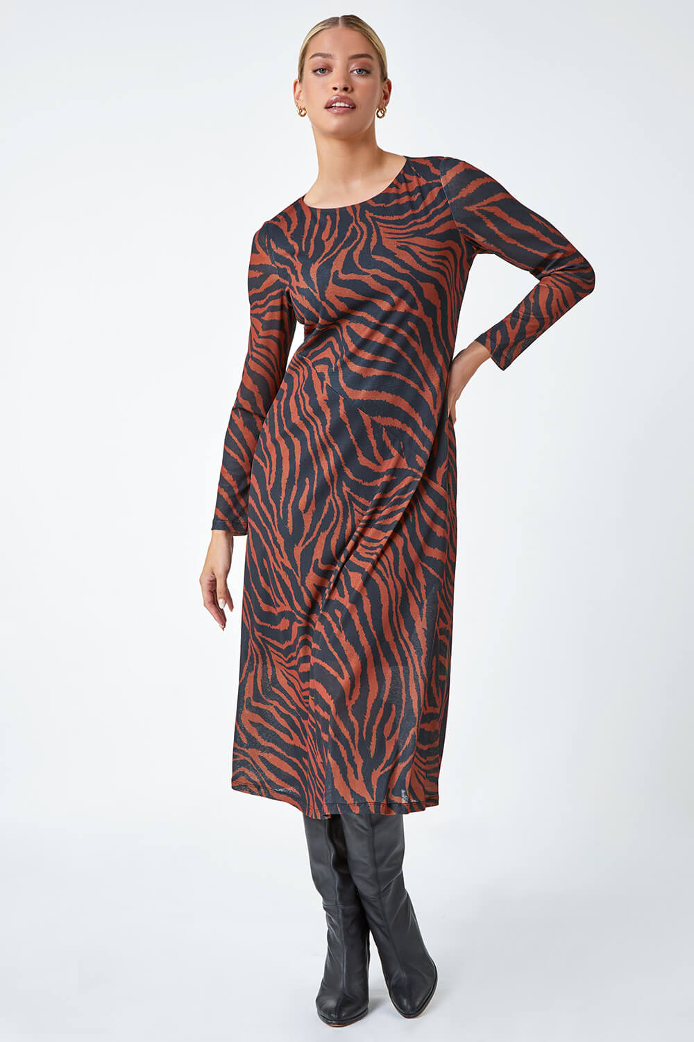 Tan Tiger Print Mesh Midi Stretch Dress, Image 2 of 5