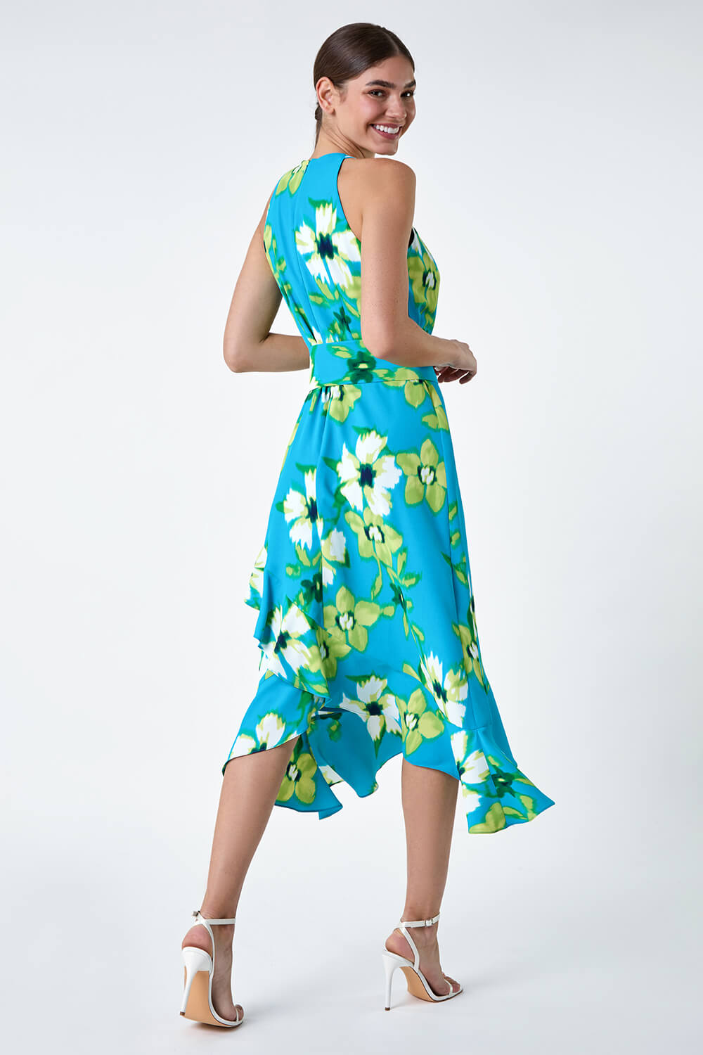 Turquoise Floral Print Chiffon Halterneck Midi Dress, Image 3 of 5