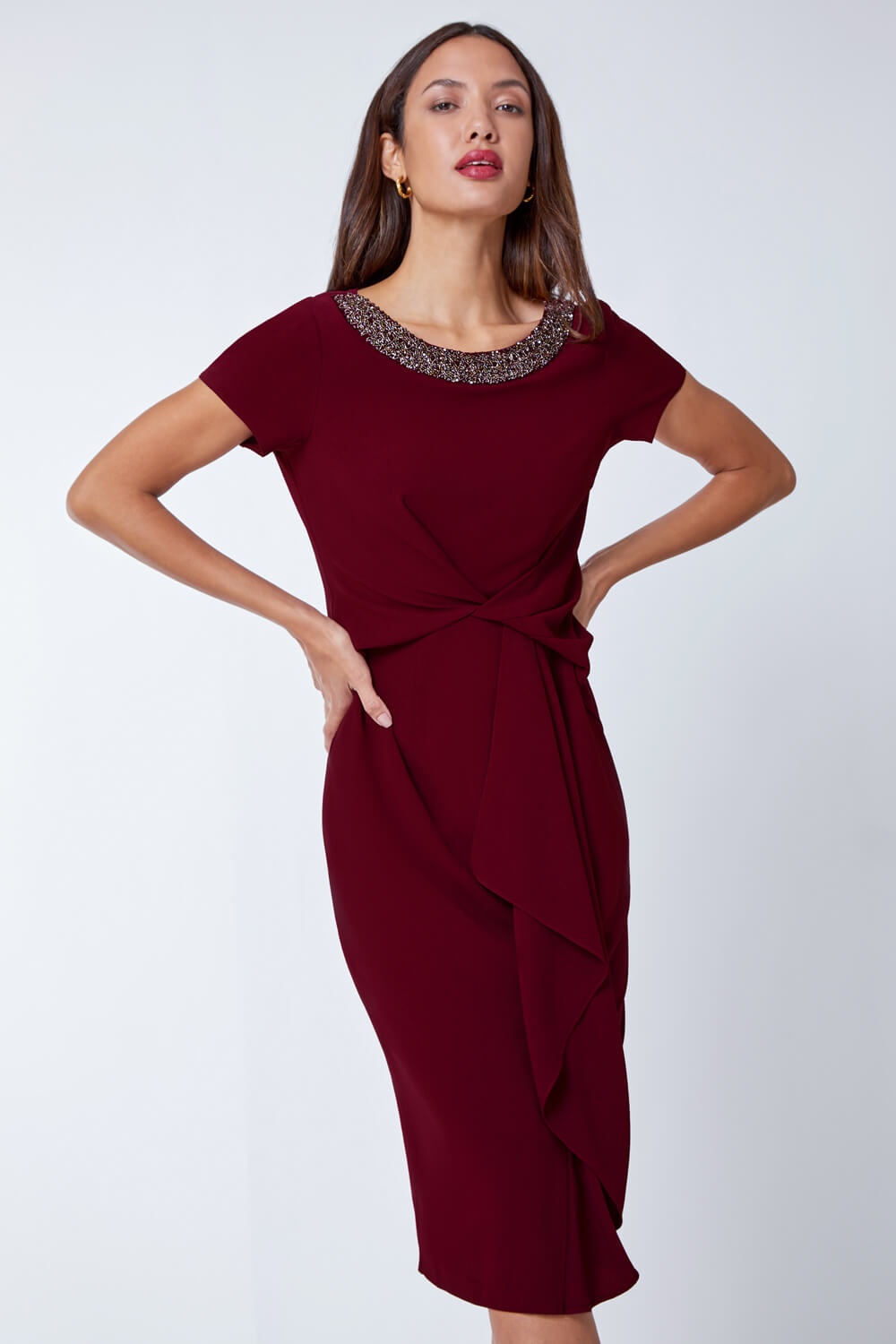 Burgundy  Embellished Twist Waist Stretch Dress, Image 2 of 5