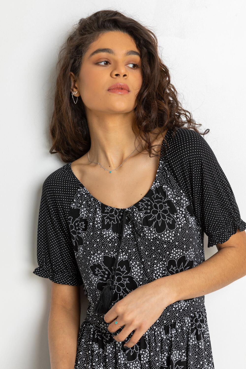 Black Mixed Floral Spot Print Tassel Dress, Image 4 of 4