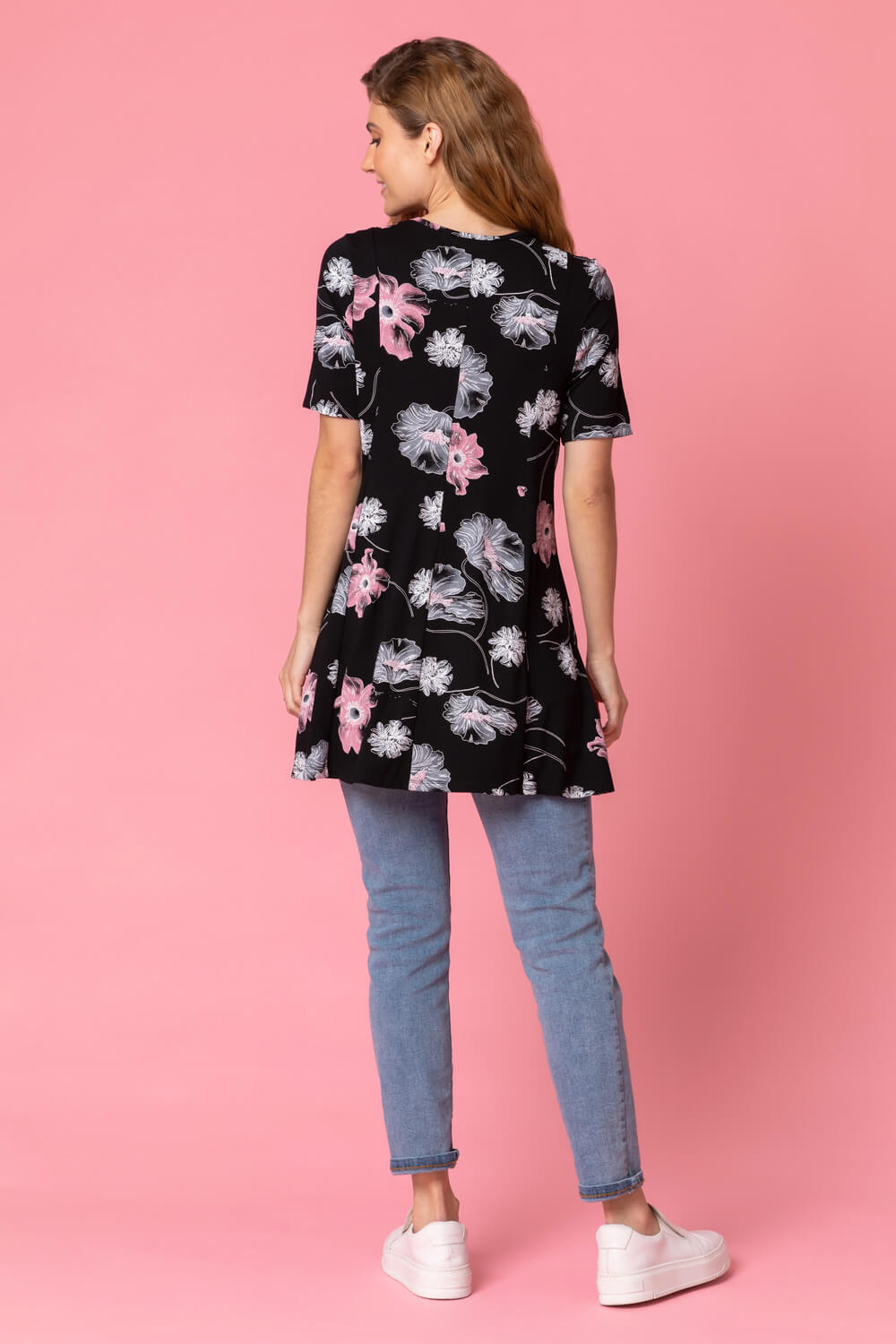 Black Floral Print Swing Tunic Top, Image 2 of 4