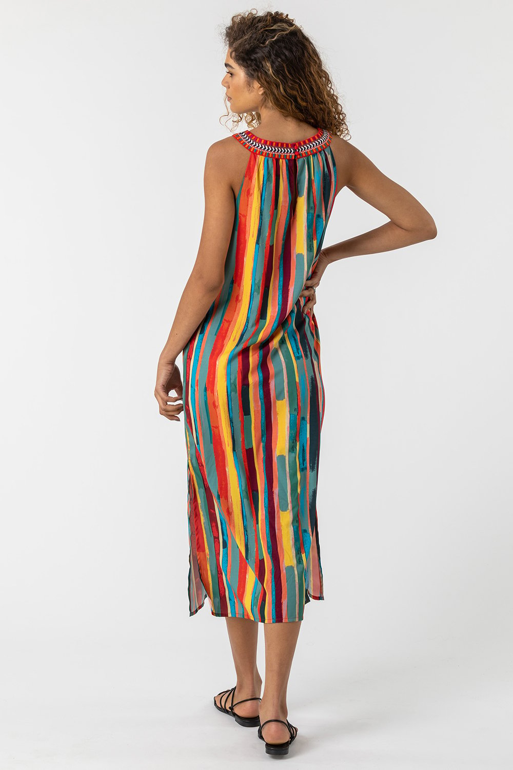 Multi  Stripe Print Embroidered Maxi Dress, Image 2 of 5