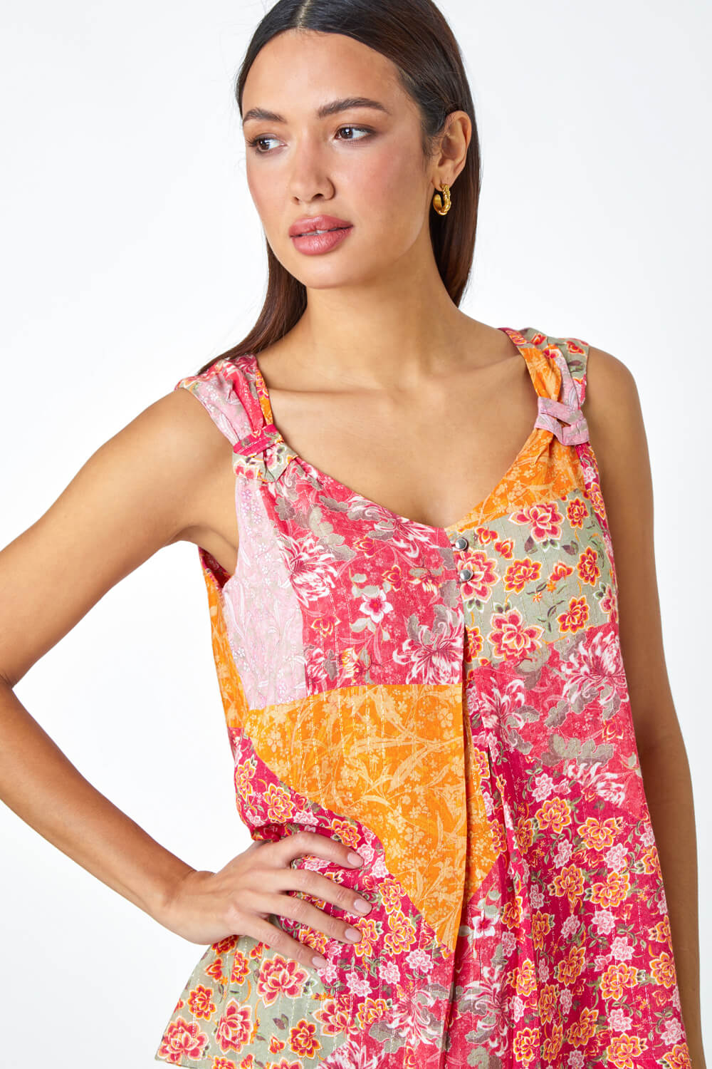Red Patchwork Print Button Cami Top, Image 4 of 5