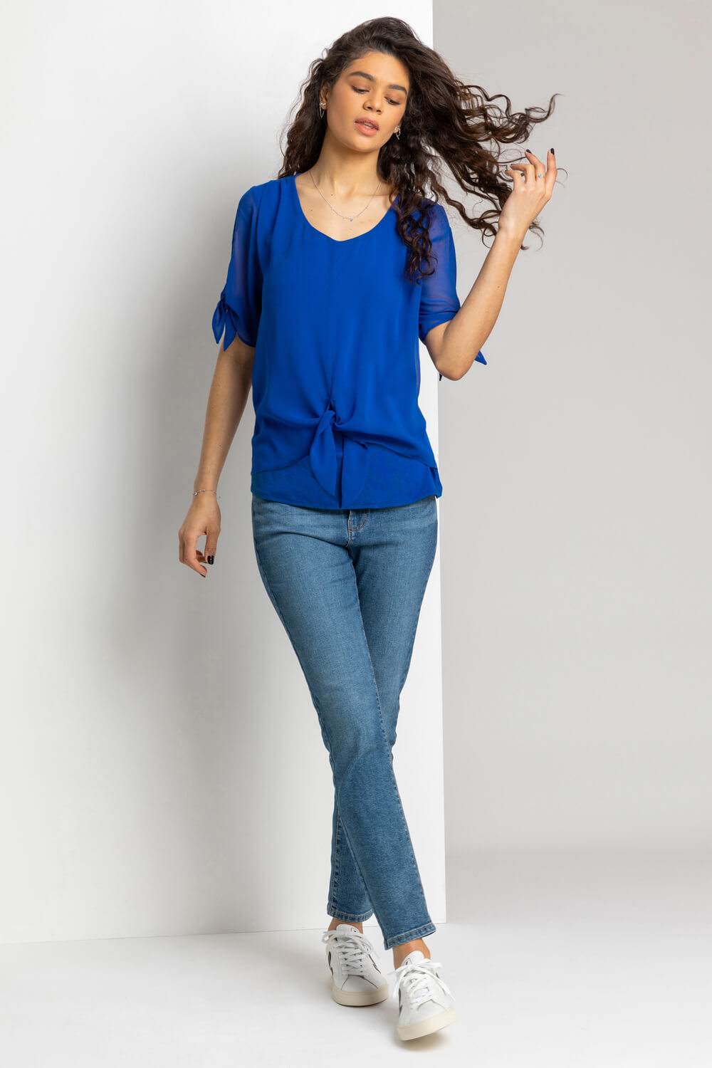 Royal Blue Chiffon Layered Tie Front Top, Image 3 of 4