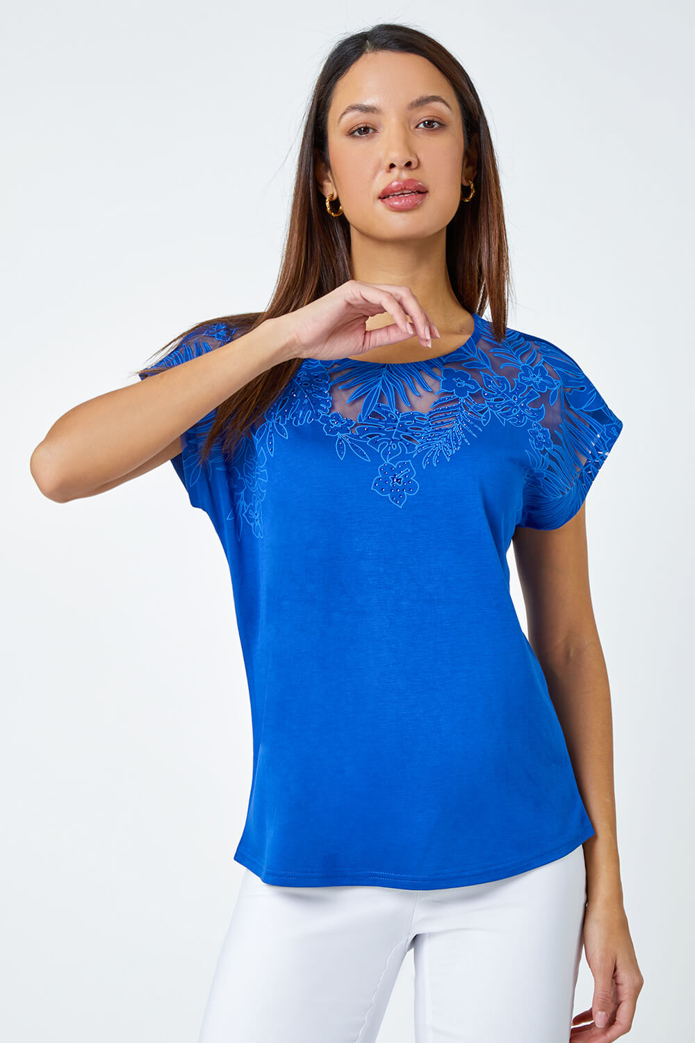 Royal Blue Embellished Palm Print Cut Out T-Shirt | Roman UK