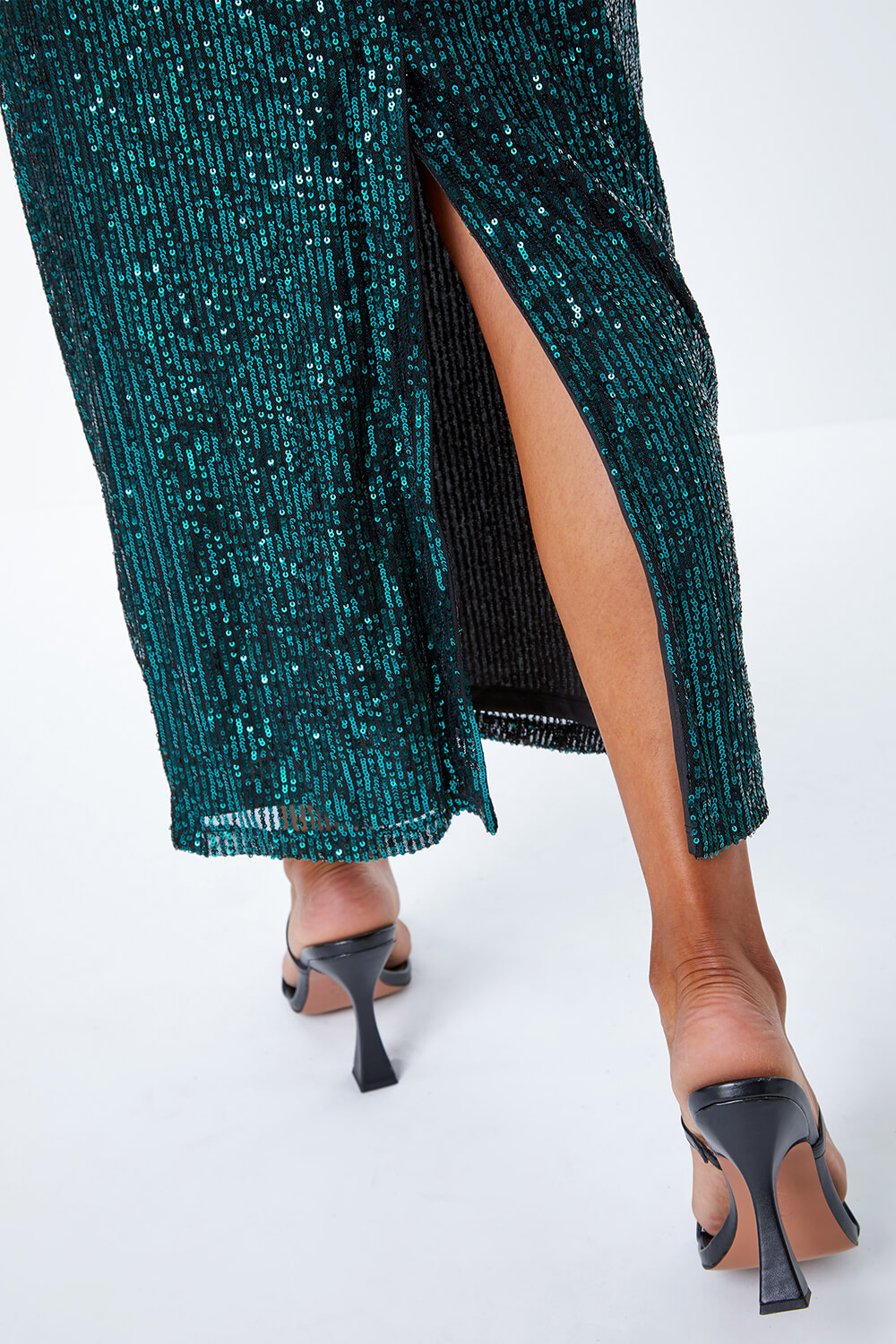 Sequin Wrap Stretch Maxi Dress in Emerald - Roman Originals UK