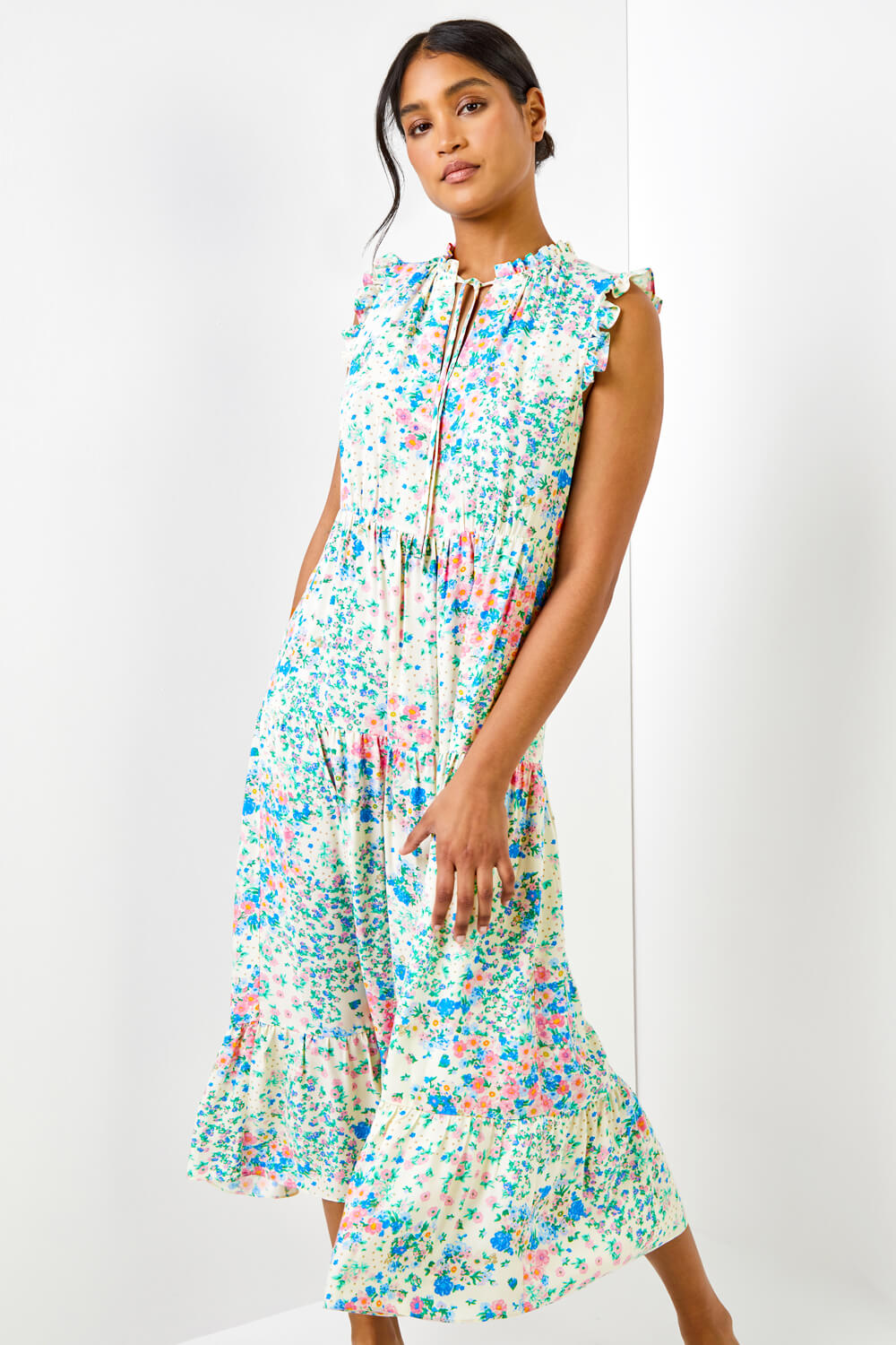 Ditsy Floral Print Frill Detail Maxi Dress
