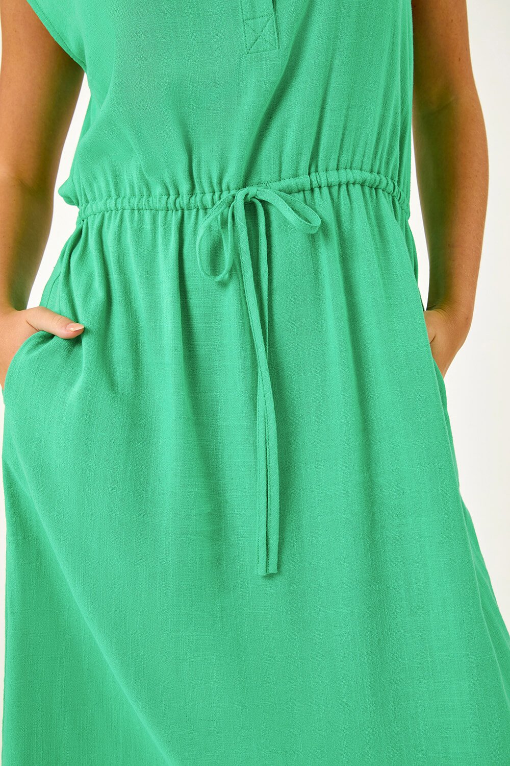 Green Petite Button Detail Tie Waist Shirt Dress, Image 5 of 5