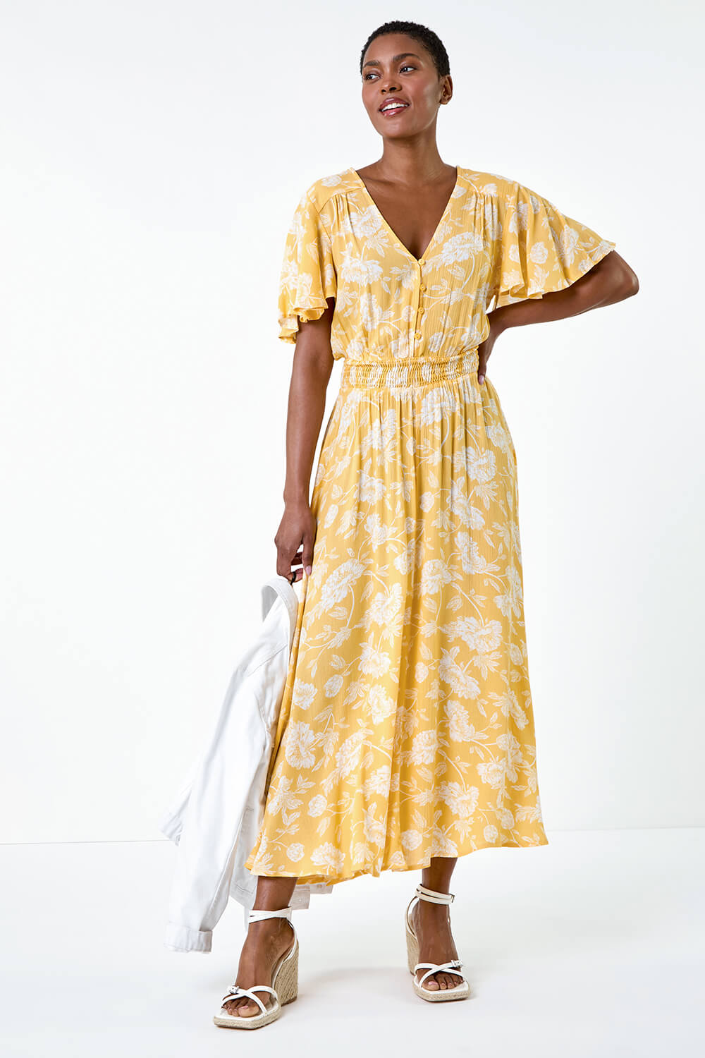 Bright Yellow Floral Print Tiered Midi Dress, Image 2 of 5