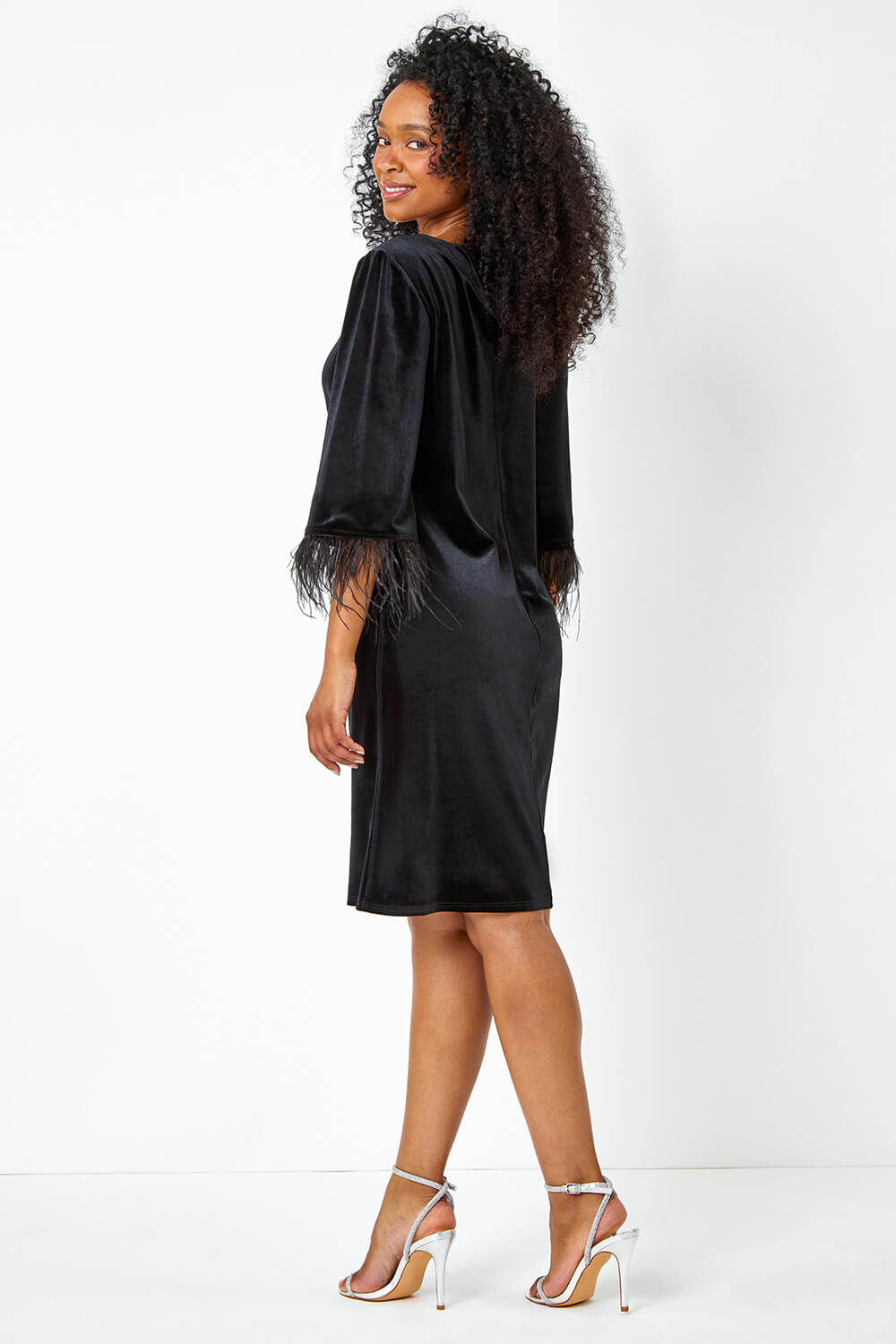 Black Petite Velvet Feather Trim Stretch Dress, Image 4 of 7