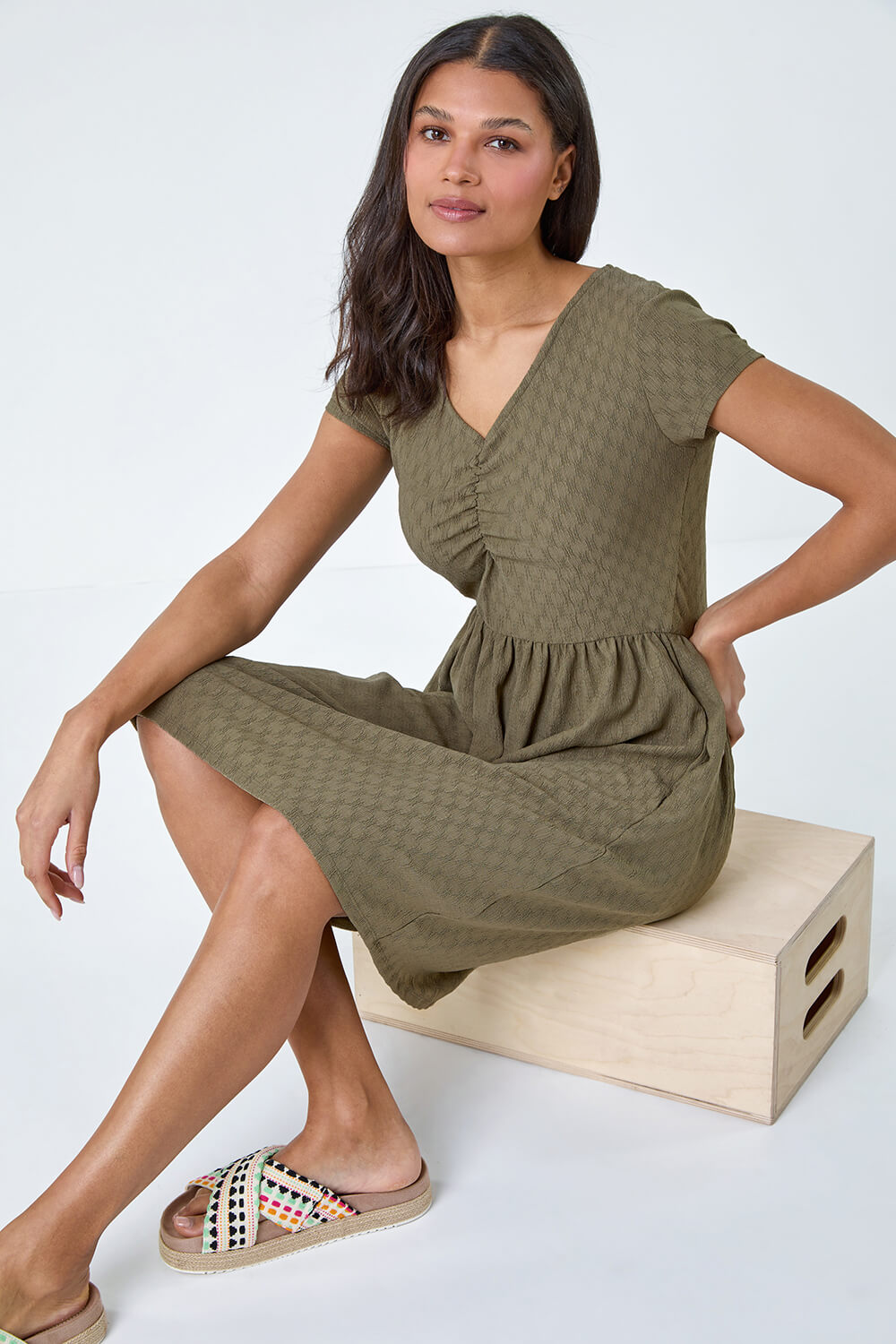 Textured Ruched Stretch Jersey Dress