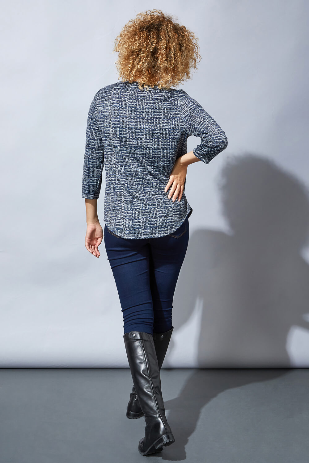 Blue Contrast Check Print Jersey Knit Top, Image 3 of 5