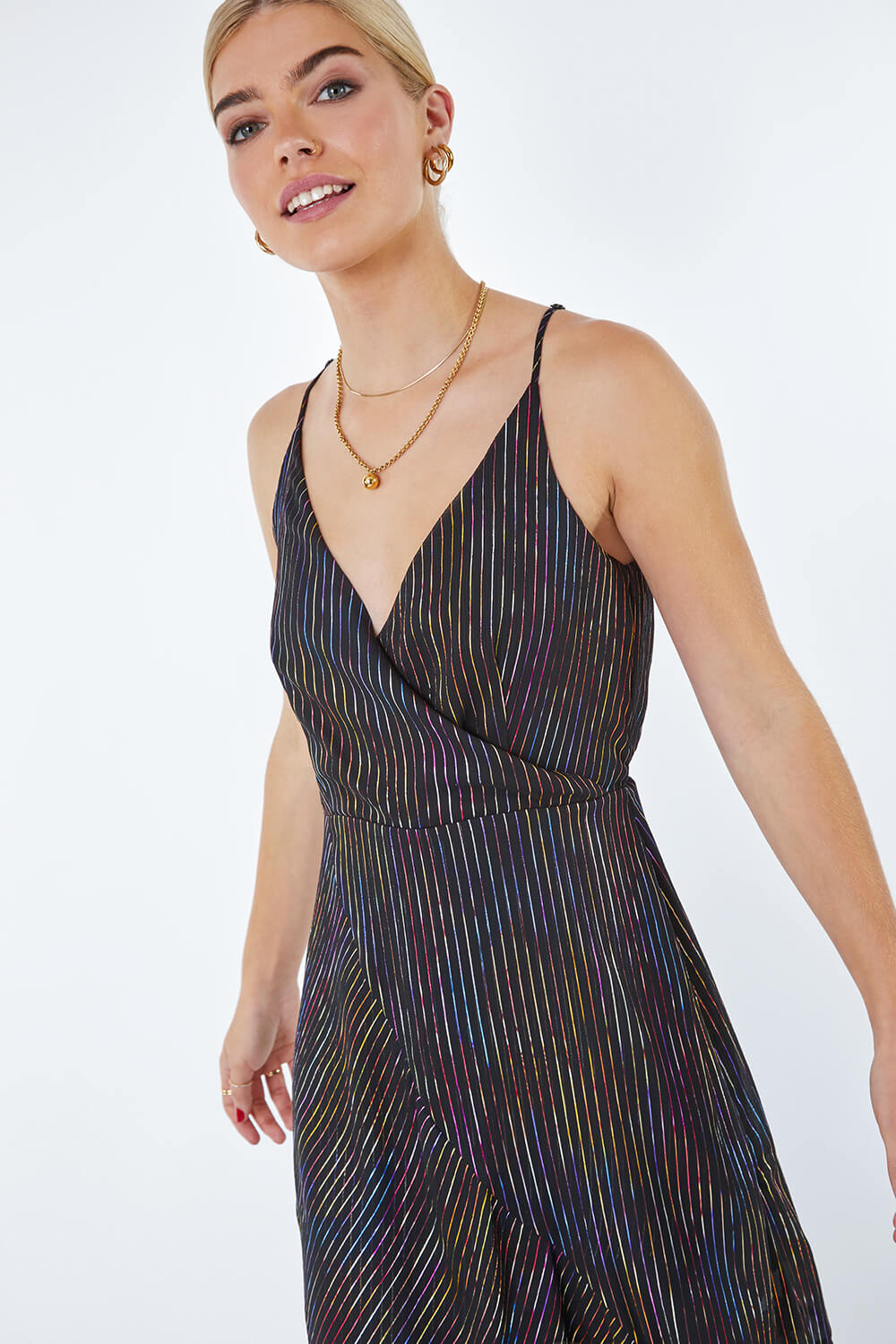 Black Metallic Stripe Frill Hem Midi Dress, Image 4 of 5