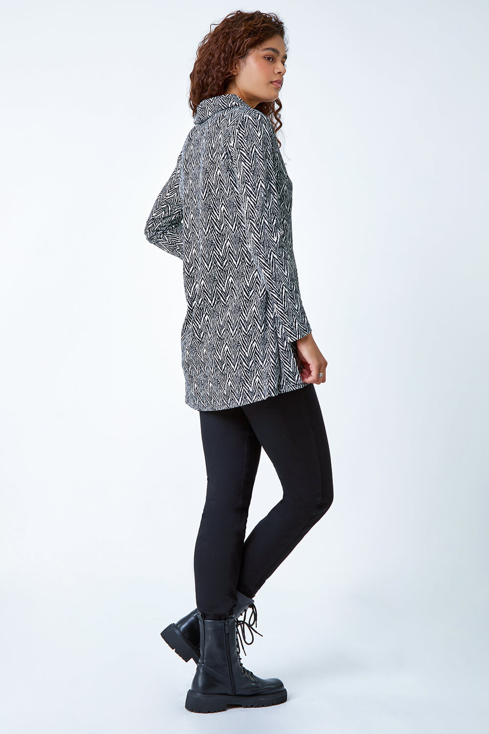 Black Geo Print Wrap Front Cowl Neck Stretch Top, Image 3 of 5