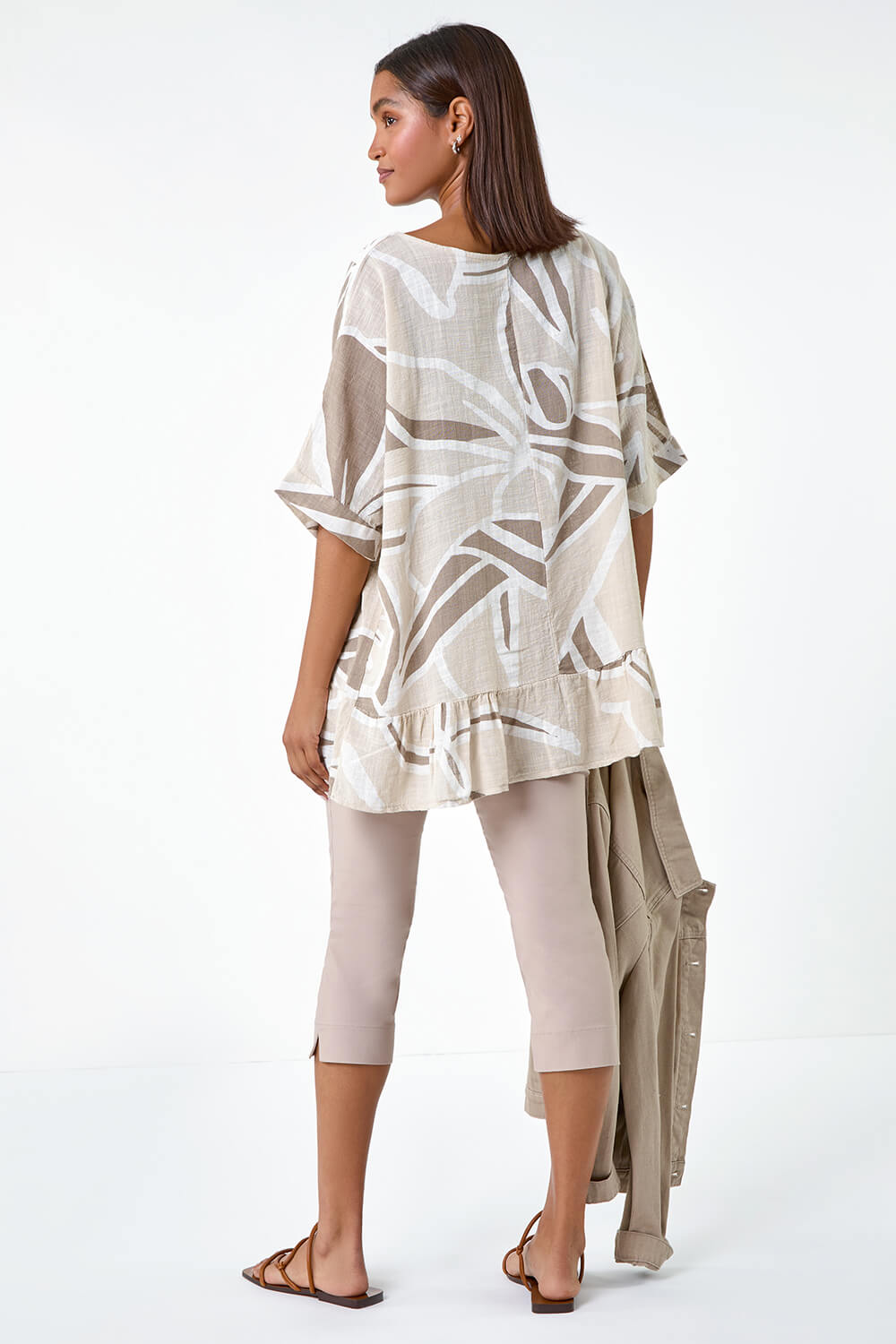 Taupe Cotton Oversized Leaf Tunic Top, Image 3 of 5
