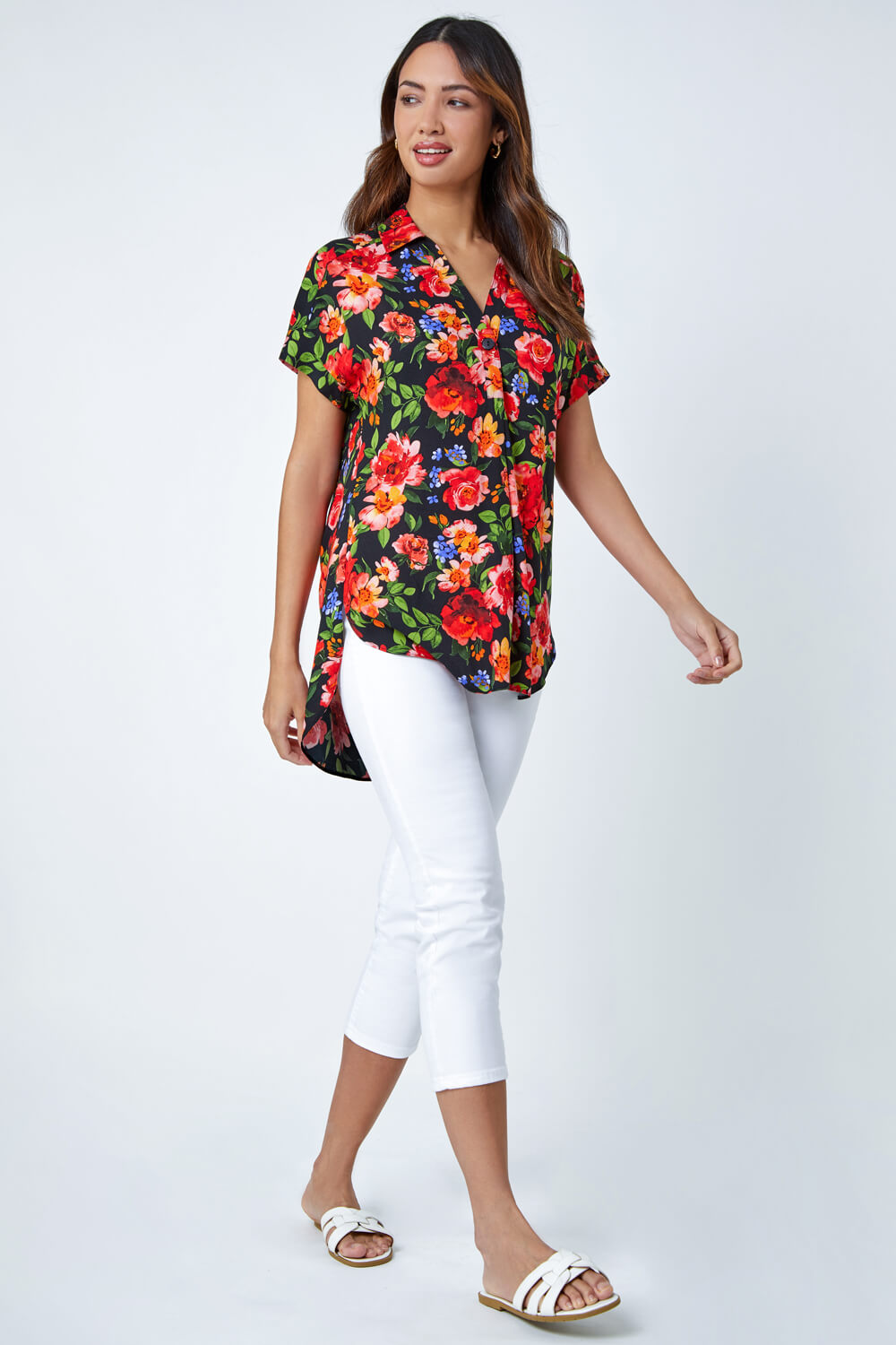 Red Floral Button Short Sleeve Shirt, Image 5 of 6