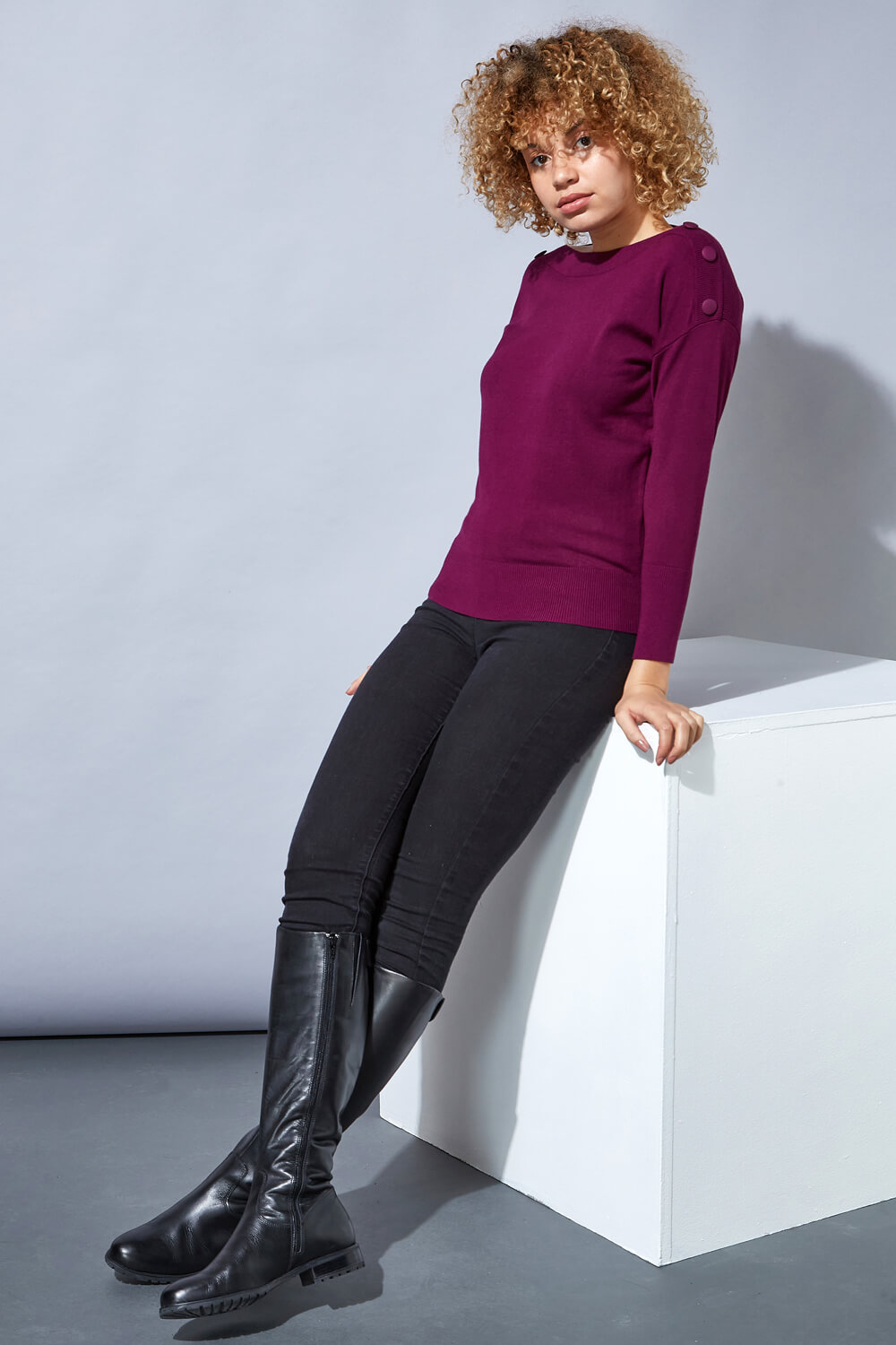 Plum Button Boat Neck Jumper, Image 2 of 4