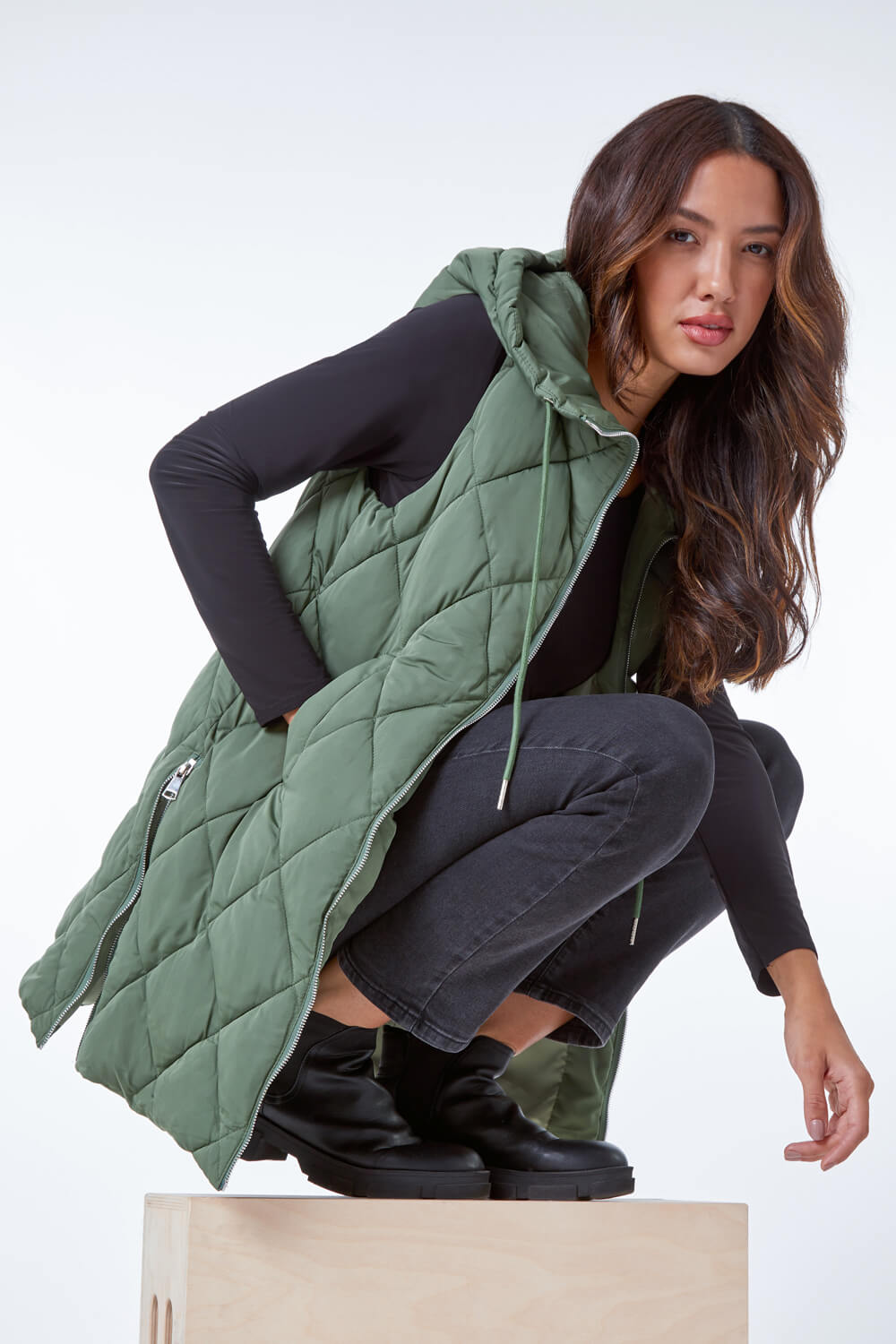 Sage Diamond Quilted Hooded Gilet, Image 1 of 5