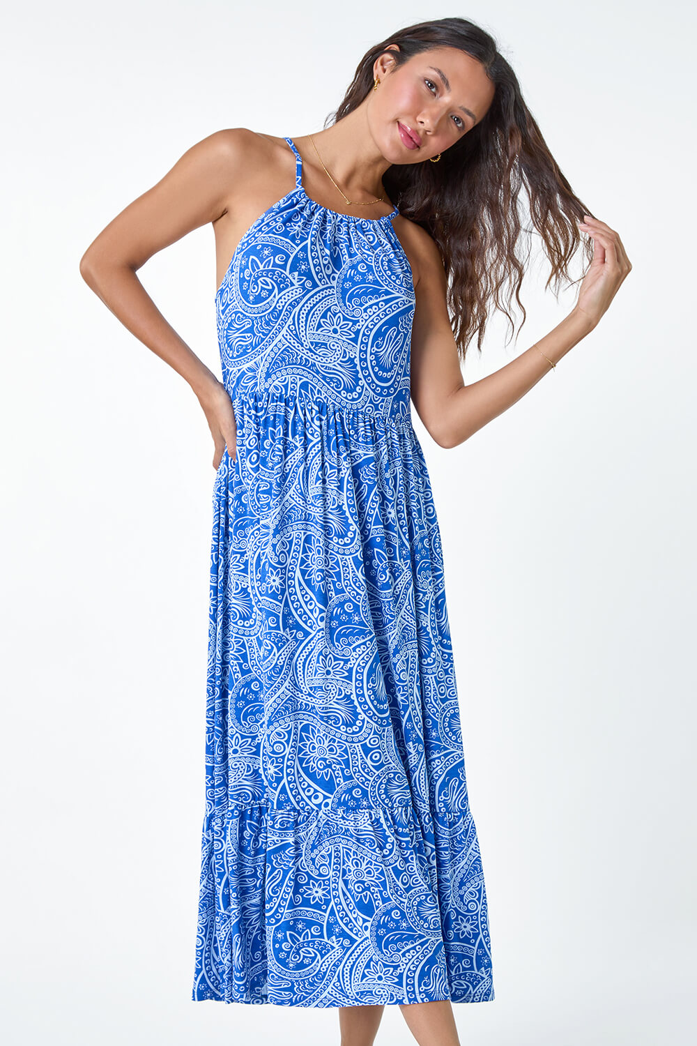 Blue Paisley Gathered Neckline Midi Stretch Dress 