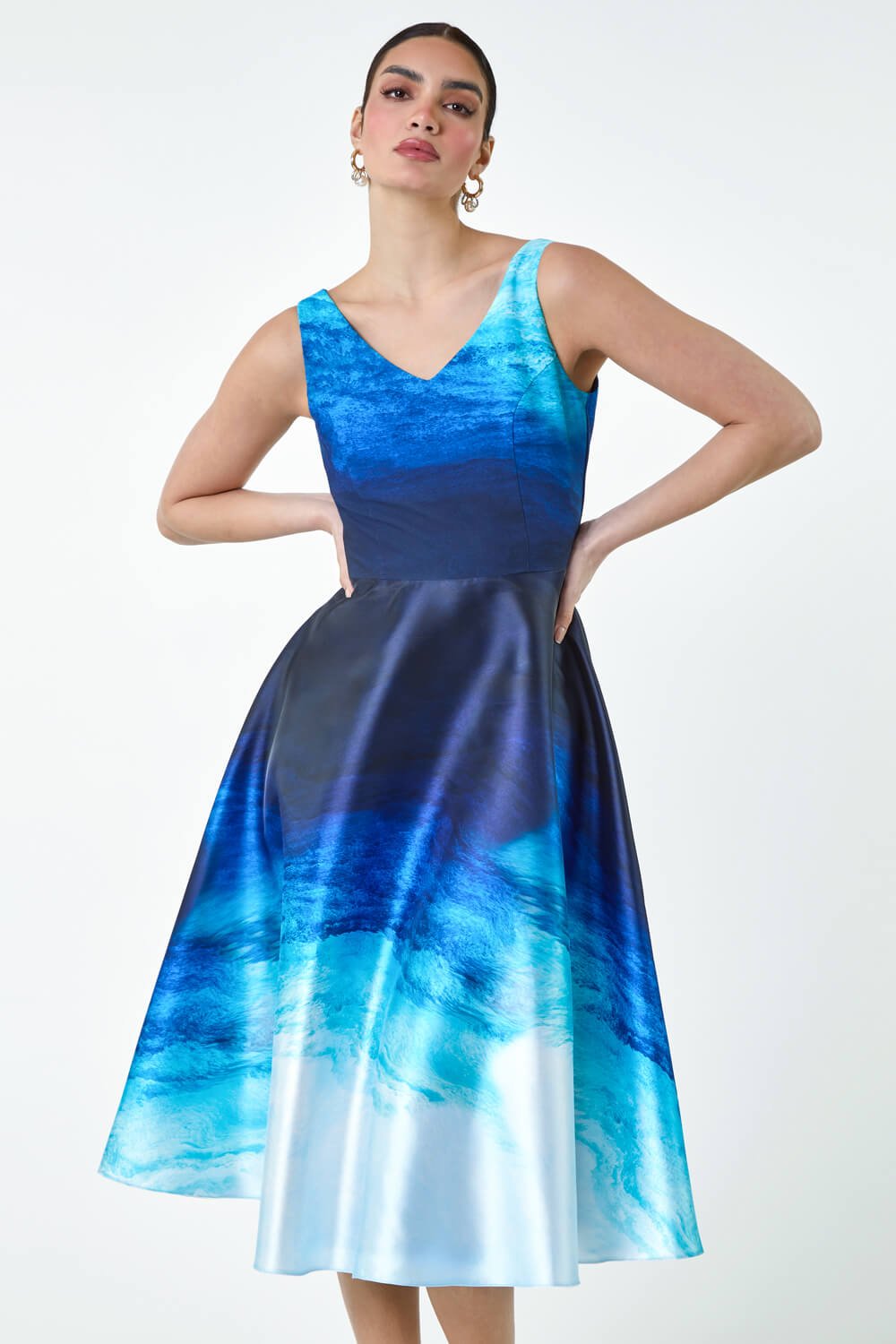 Blue Ombre Print Satin Feel Midi Dress, Image 2 of 6
