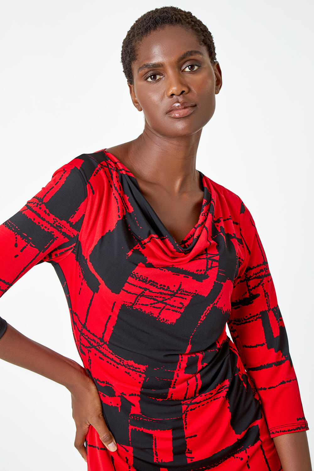 Red Abstract Print Cowl Neck Stretch Dress, Image 4 of 5