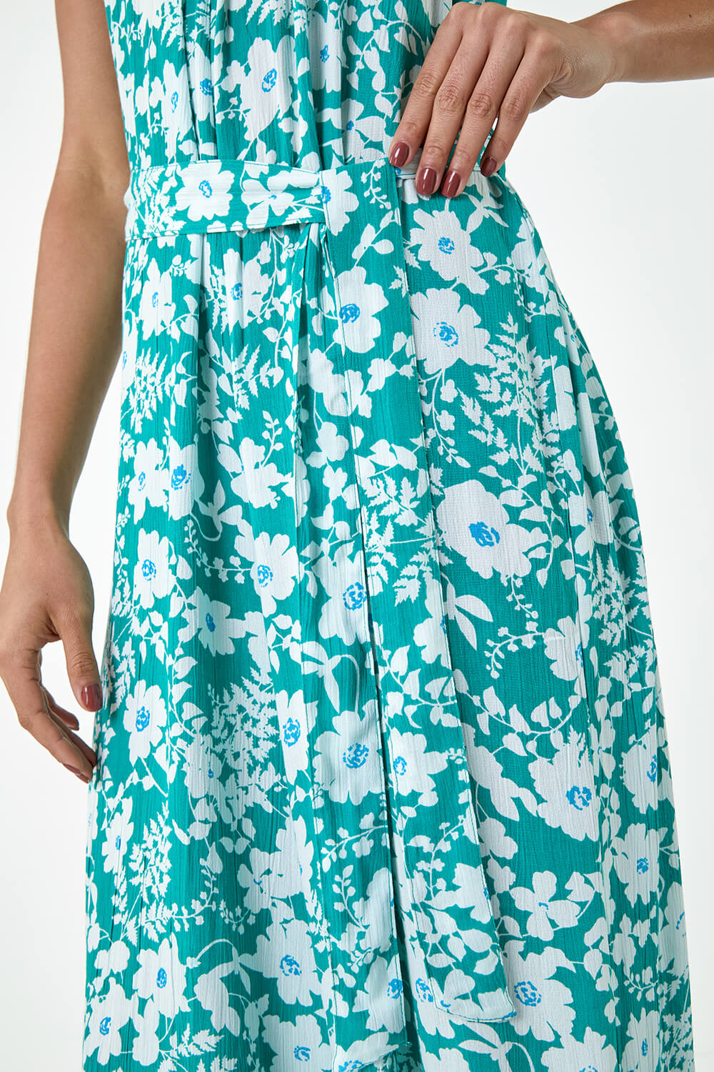Turquoise Floral Print Belted Jumpsuit, Image 5 of 5