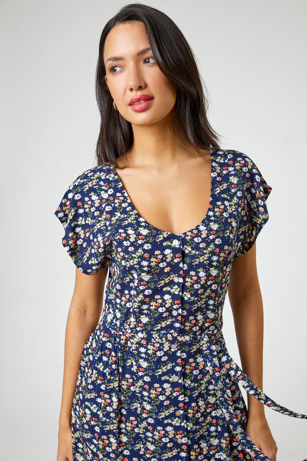 Navy  Floral Print Button Belted Midi Dress, Image 4 of 5