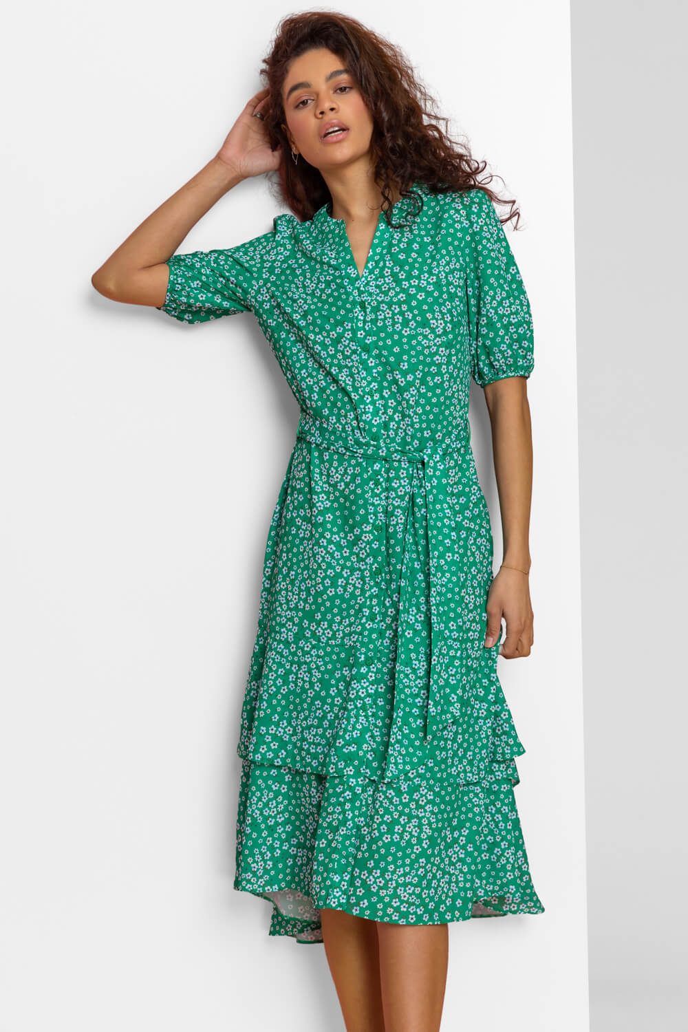 Ditsy Floral Frill Hem Midi Dress in Green - Roman Originals UK