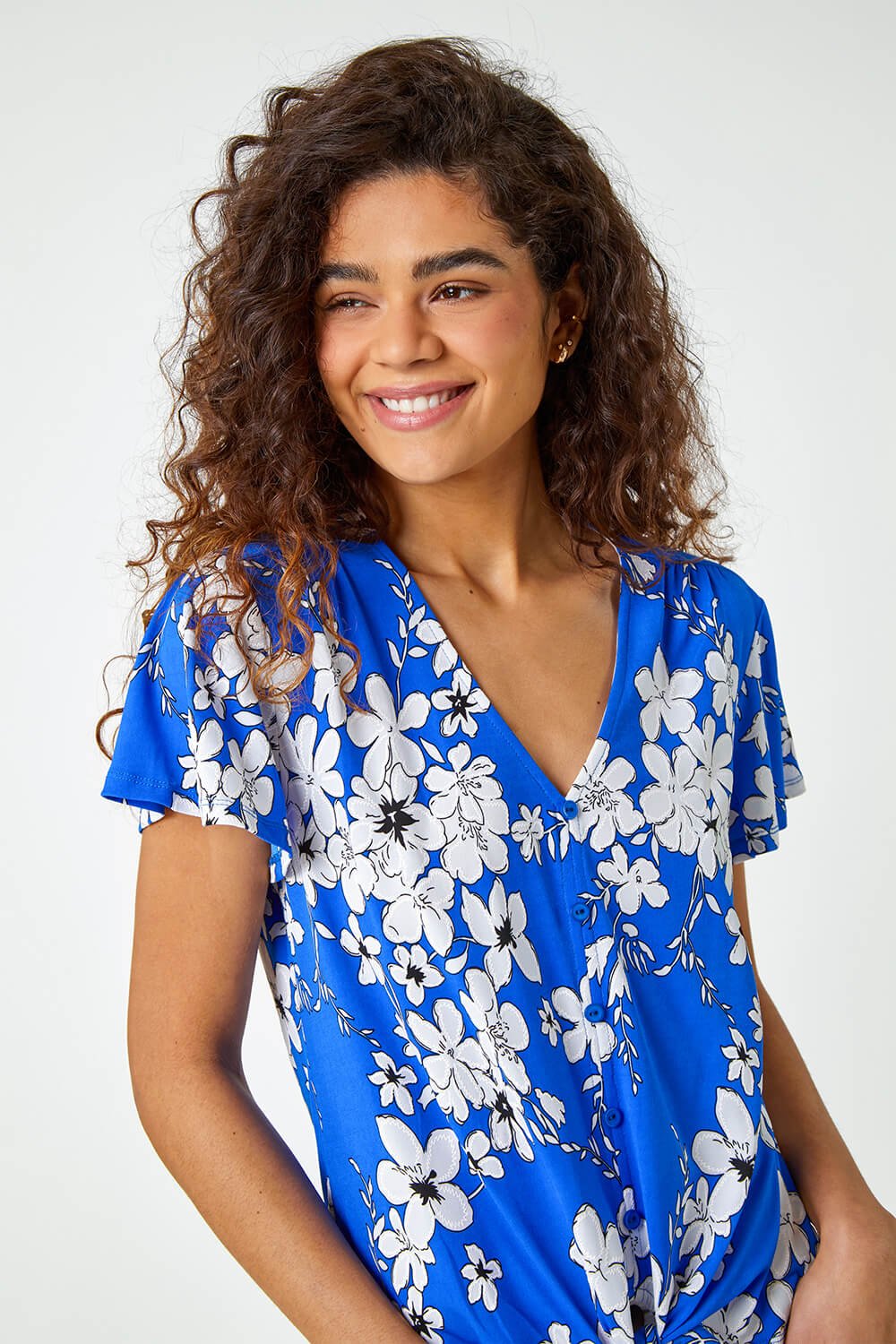 Royal Blue Floral Print Tie Front Top, Image 4 of 5