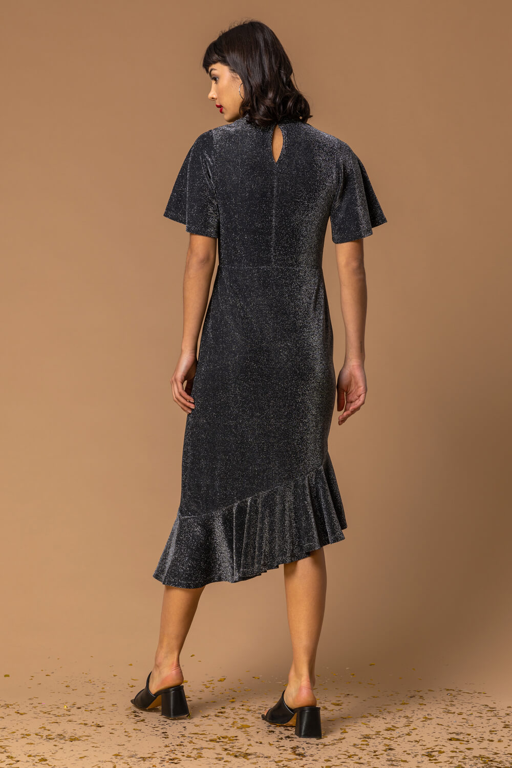 Black Shimmer Asymmetric Hem Dress, Image 2 of 5