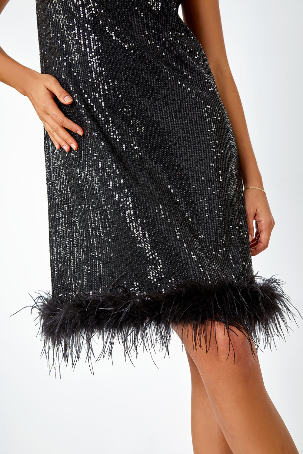 Black Feather Trim Sequin Halter Neck Stretch Dress, Image 5 of 6