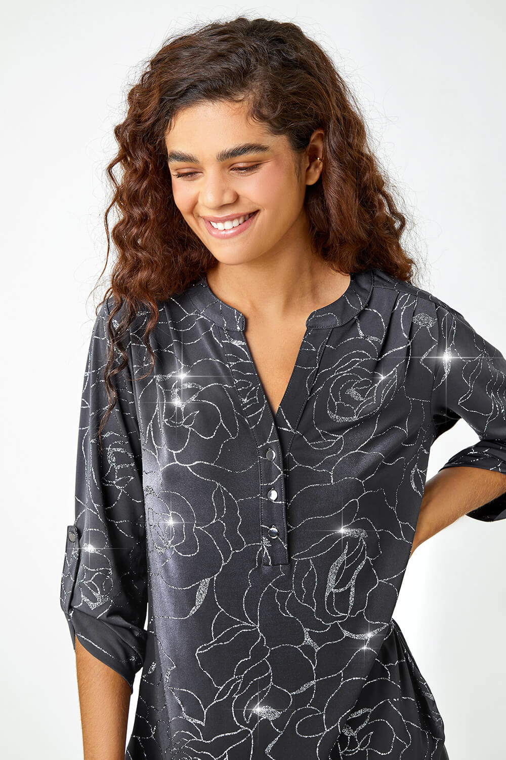 Grey Metallic Linear Floral Stretch Shirt, Image 4 of 5