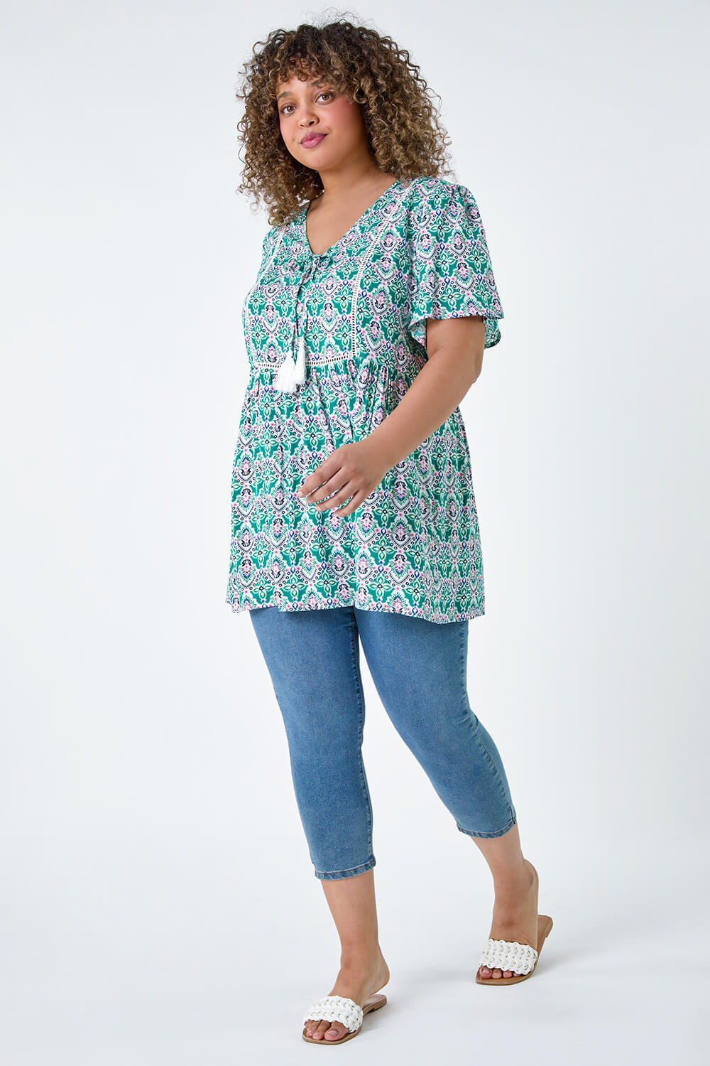 Green Curve Tie Front Boho Printed Top, Image 2 of 5