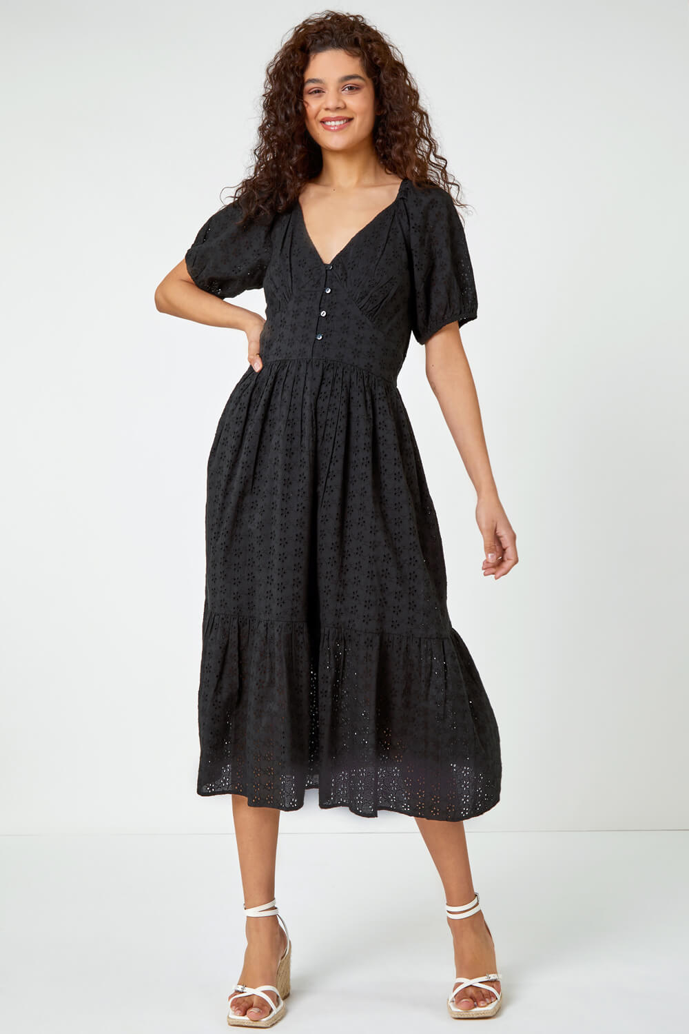 Black Broderie Puff Sleeve Cotton Midi Dress, Image 2 of 5