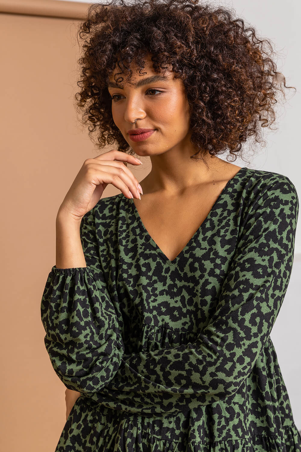 Green Animal Print V Neck Tiered Top, Image 4 of 5