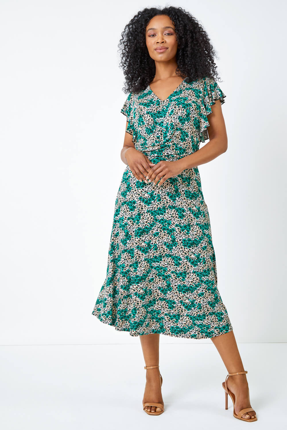 Petite Floral Print Twist Waist Dress in Green - Roman Originals UK