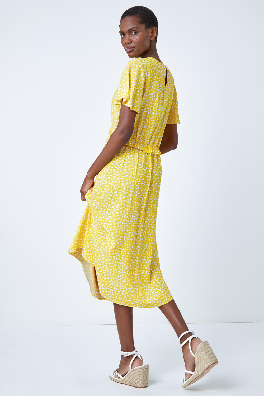 Yellow Ditsy Print Frill Waist Midi Dress, Image 5 of 6