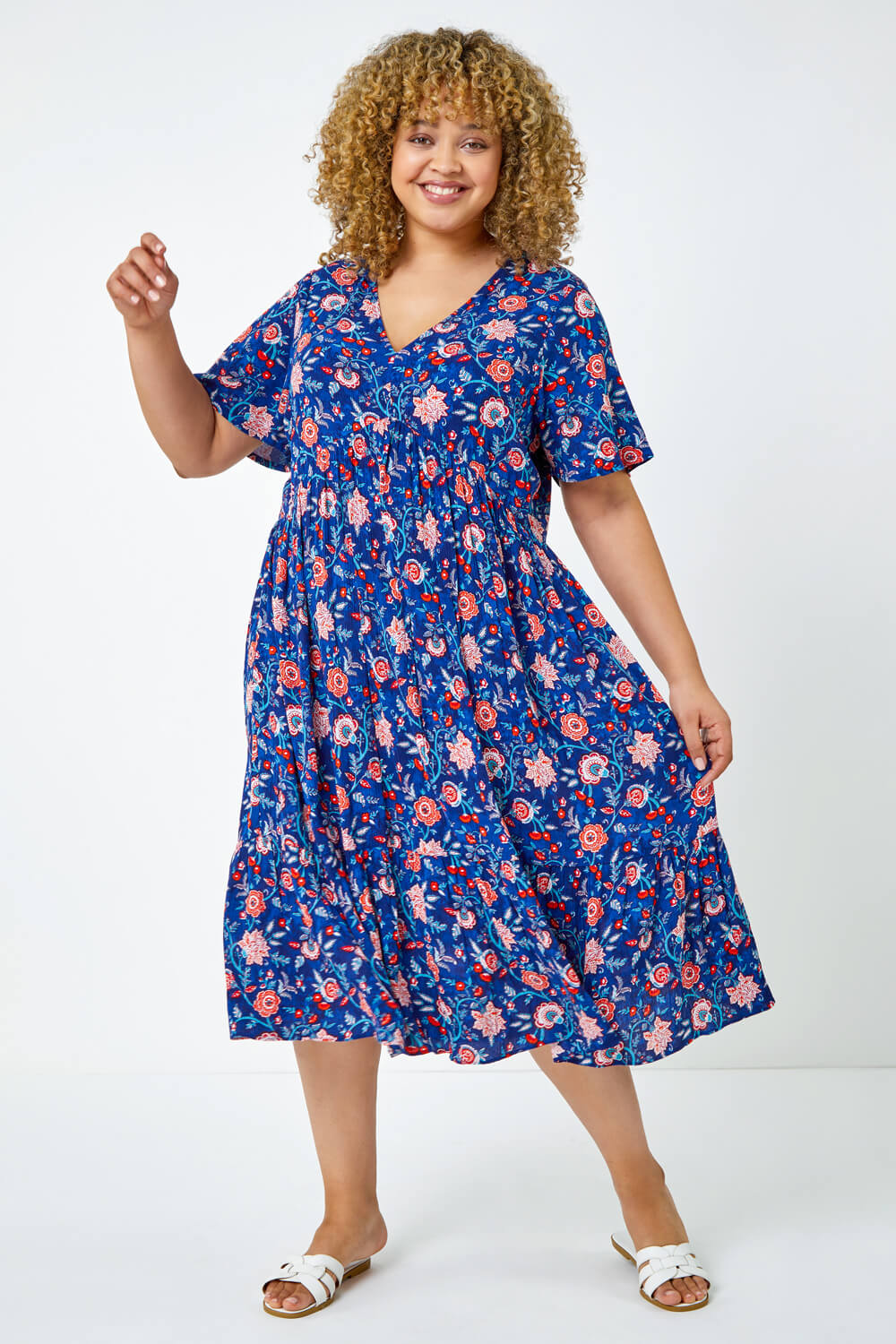 Blue Curve Floral Print Tiered Midi Dress, Image 4 of 5