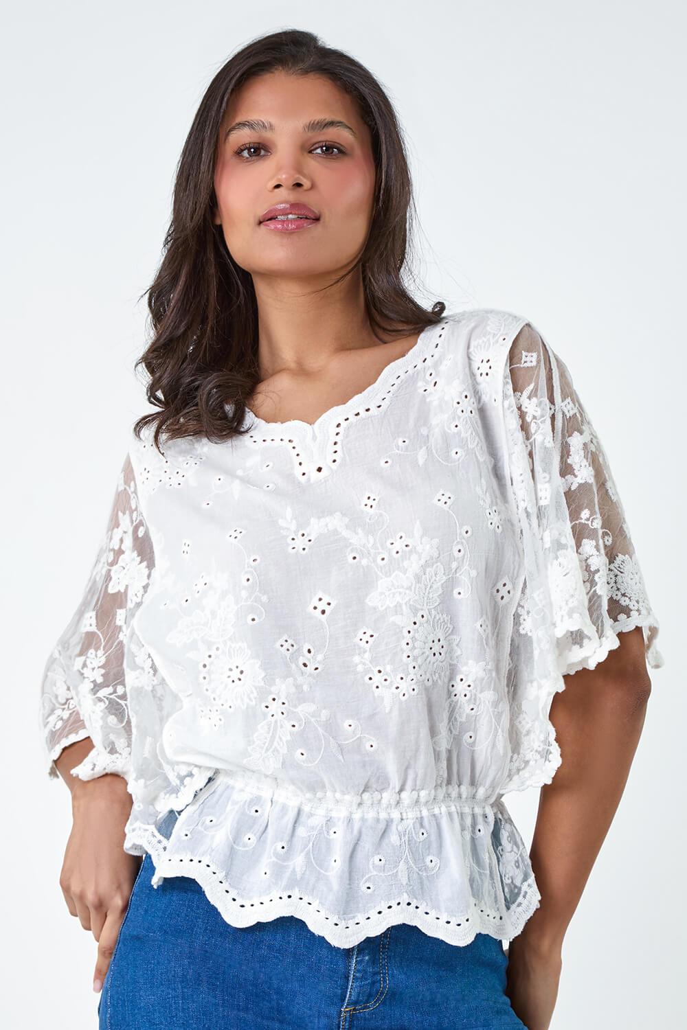 Ivory  Cotton Broderie Frill Top, Image 4 of 5